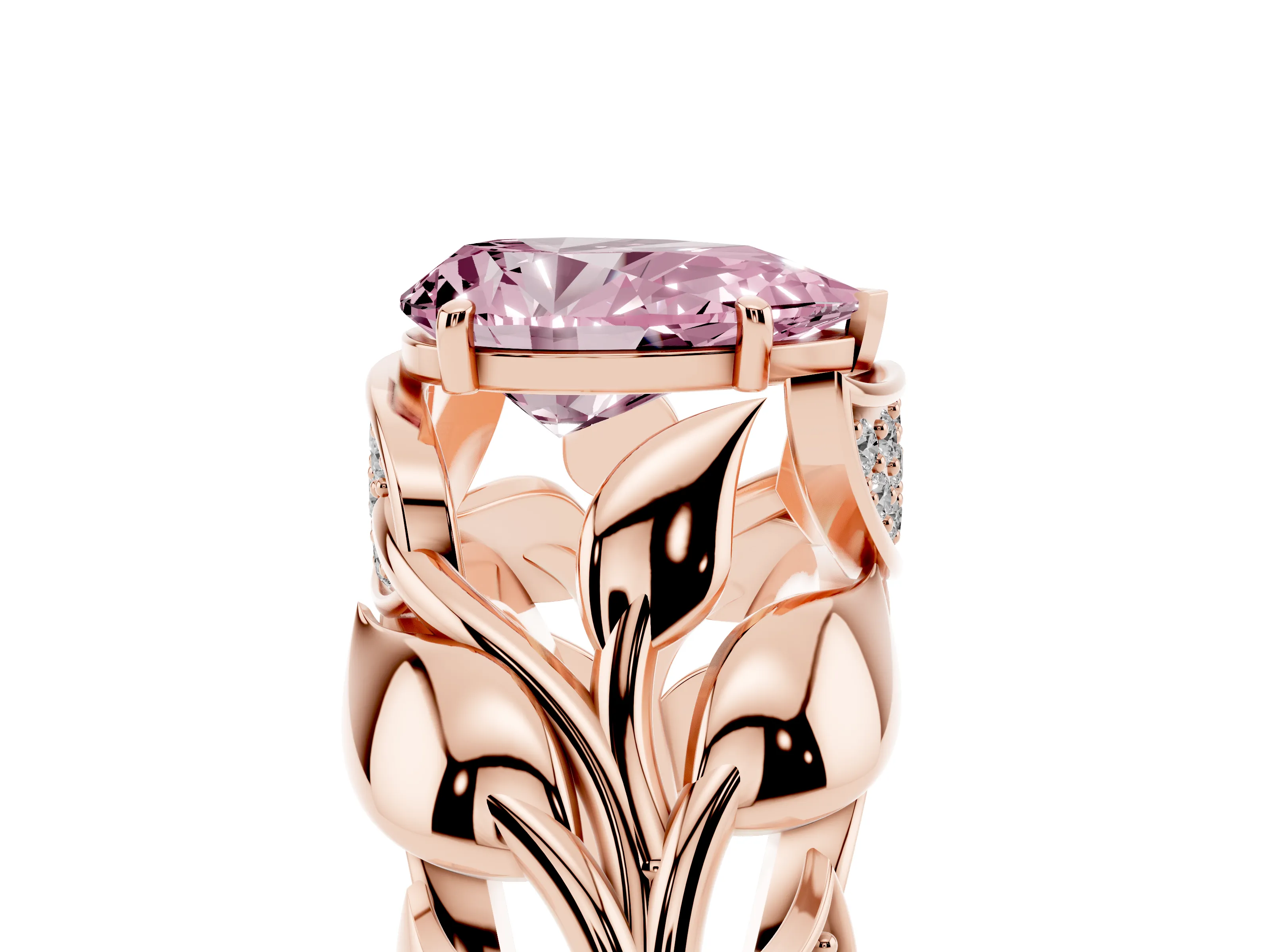 Fancy Pink Pear Cut Diamond Leaf-Inspired Engagement Ring Set in Rose gold with Round Accents