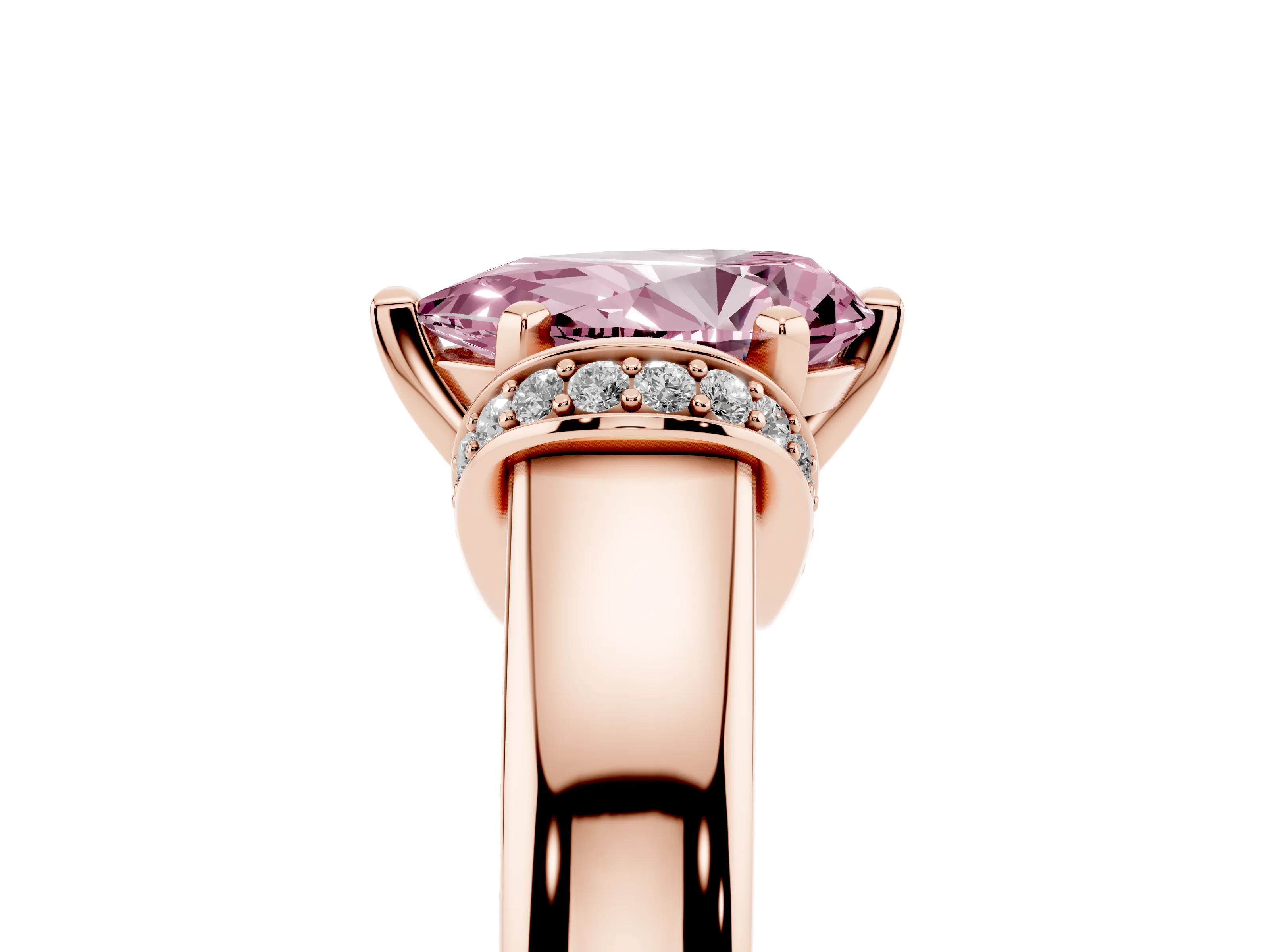 Fancy Pink Pear Cut Diamond Pavé Band Solitaire Ring Set in Rose gold with Prong Setting
