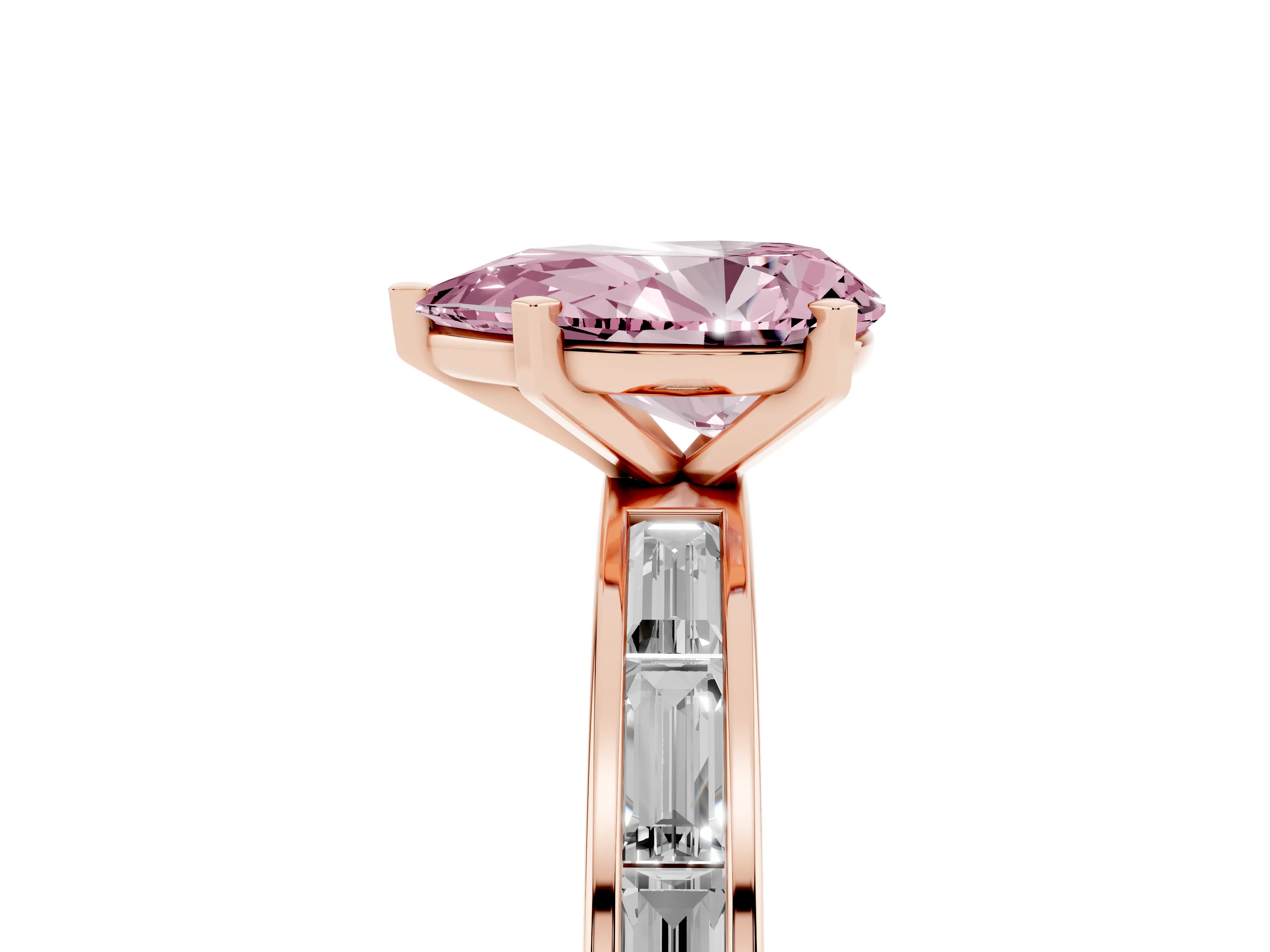 Fancy Pink Pear Cut Diamond Solitaire Ring Set in Rose gold with Channel-Set Baguette Band and Prong Setting