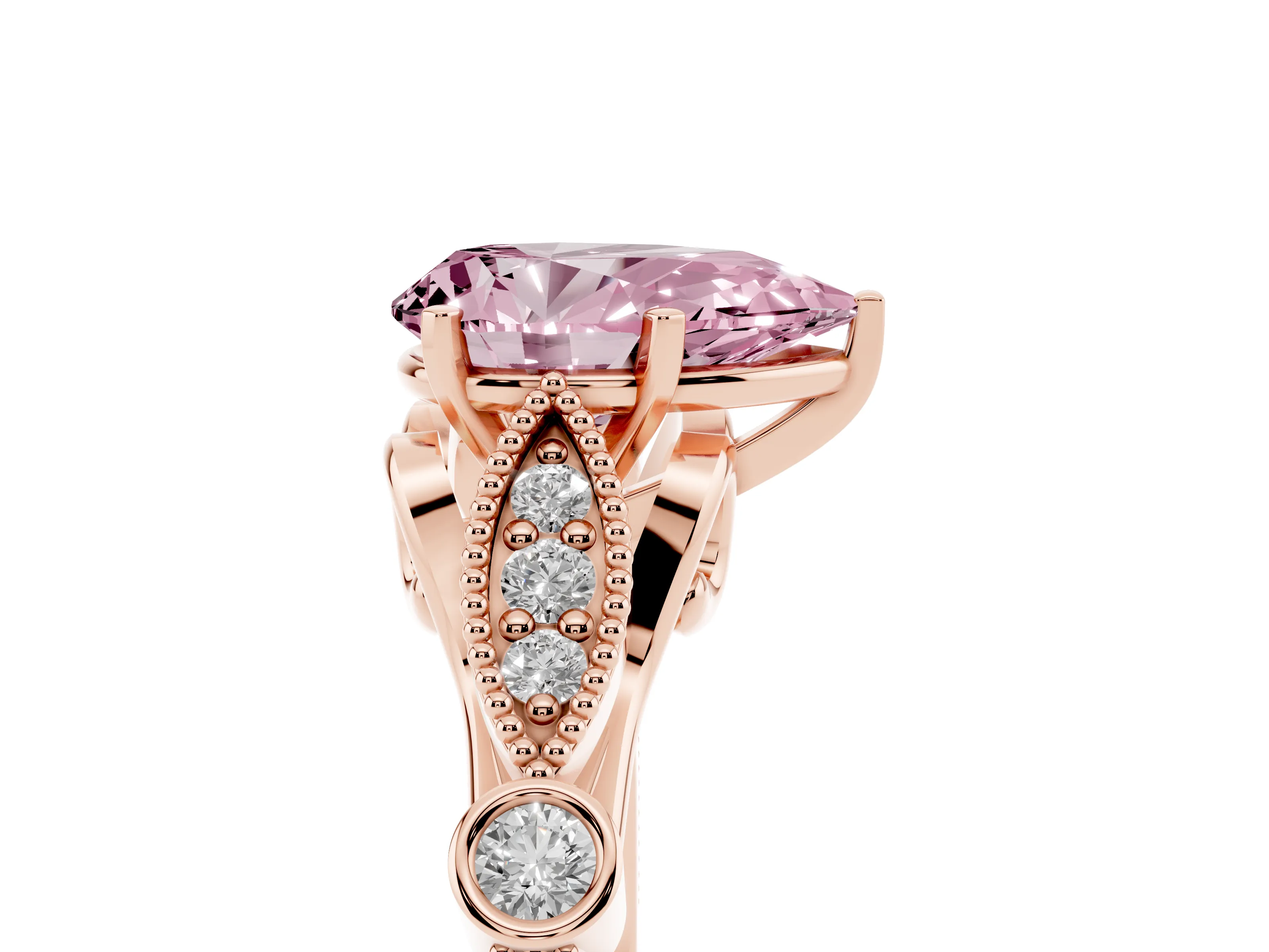Fancy Pink Pear Cut Diamond Solitaire Ring Set in Rose gold with Milgrain Marquise and Bezel Accents
