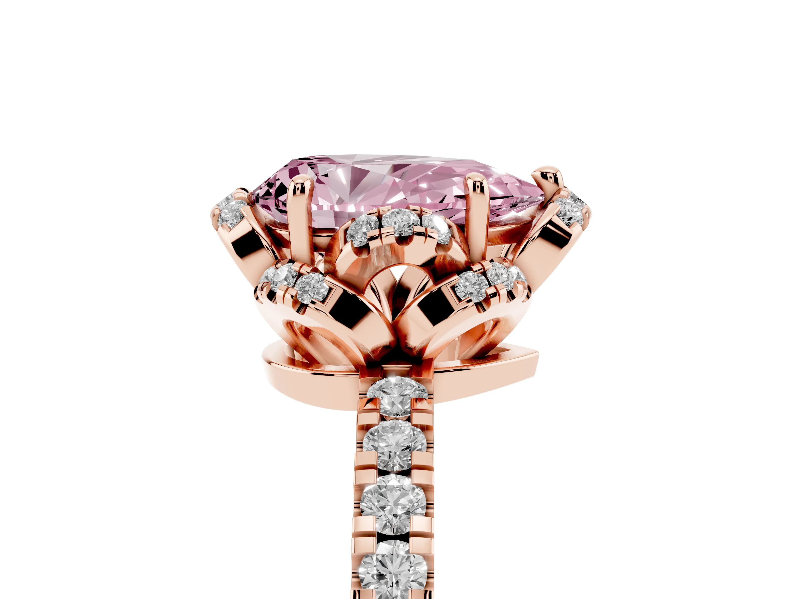 Fancy Pink Pear Cut Diamond Halo Pavé Band Ring Set in Rose gold with Prong-Held Center