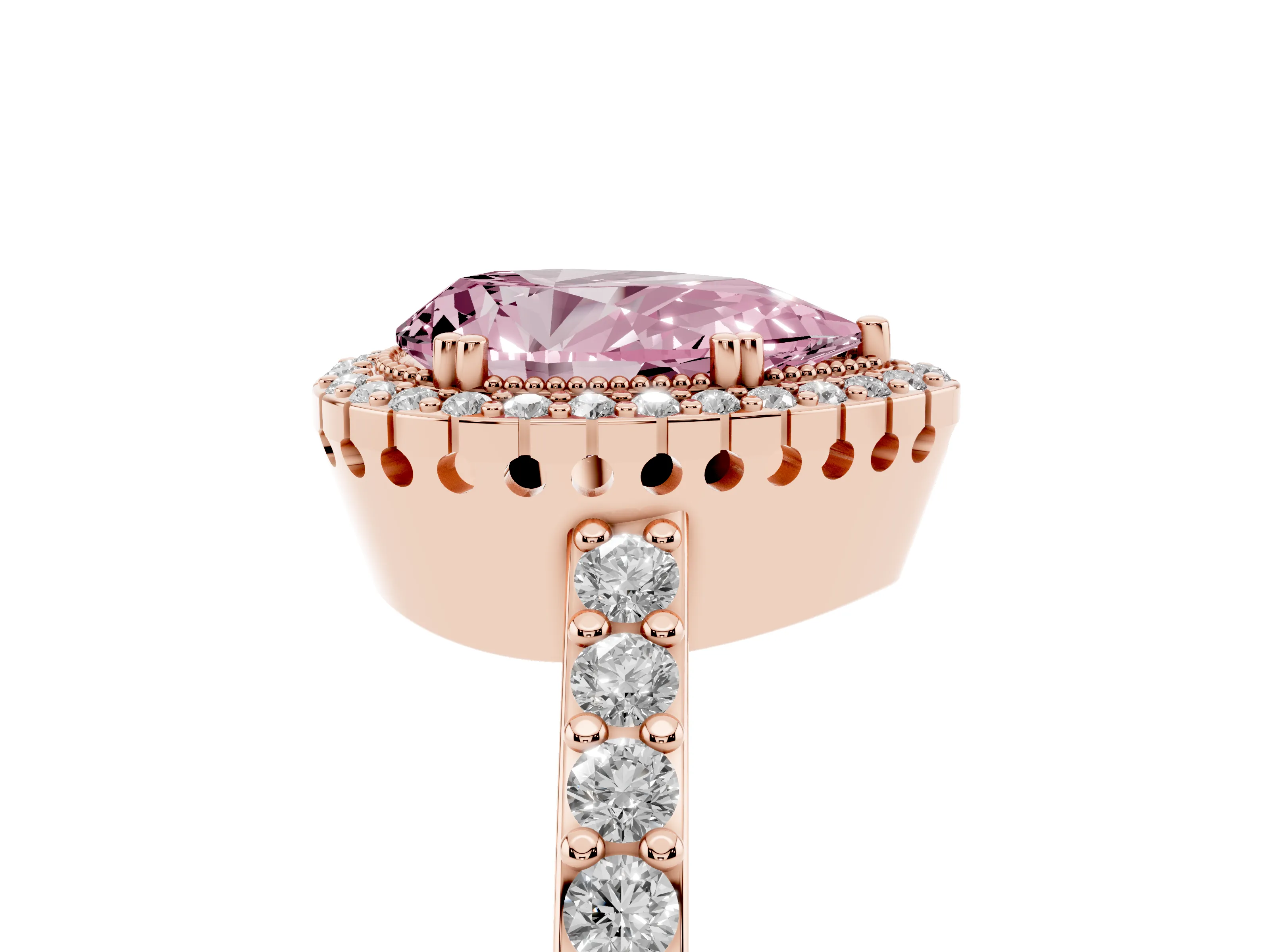 Fancy Pink Pear Cut Diamond Halo Engagement Ring Set in Rose gold with Milgrain Detail and Pavé Band