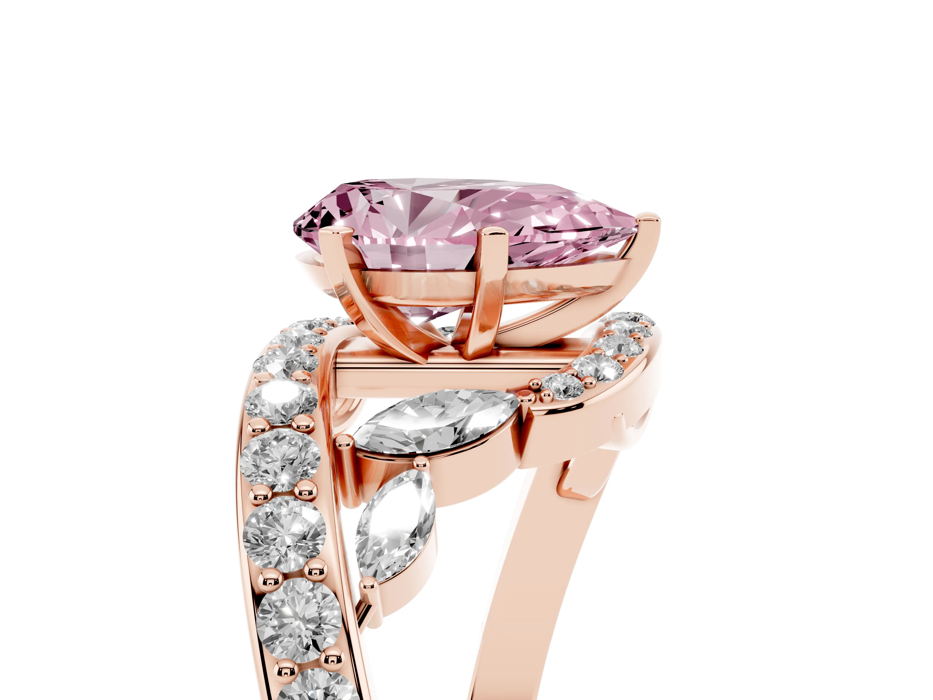Fancy Pink Pear Cut Diamond Solitaire Ring Set in Rose gold with Pavé Twist Band and Secure Prong Setting
