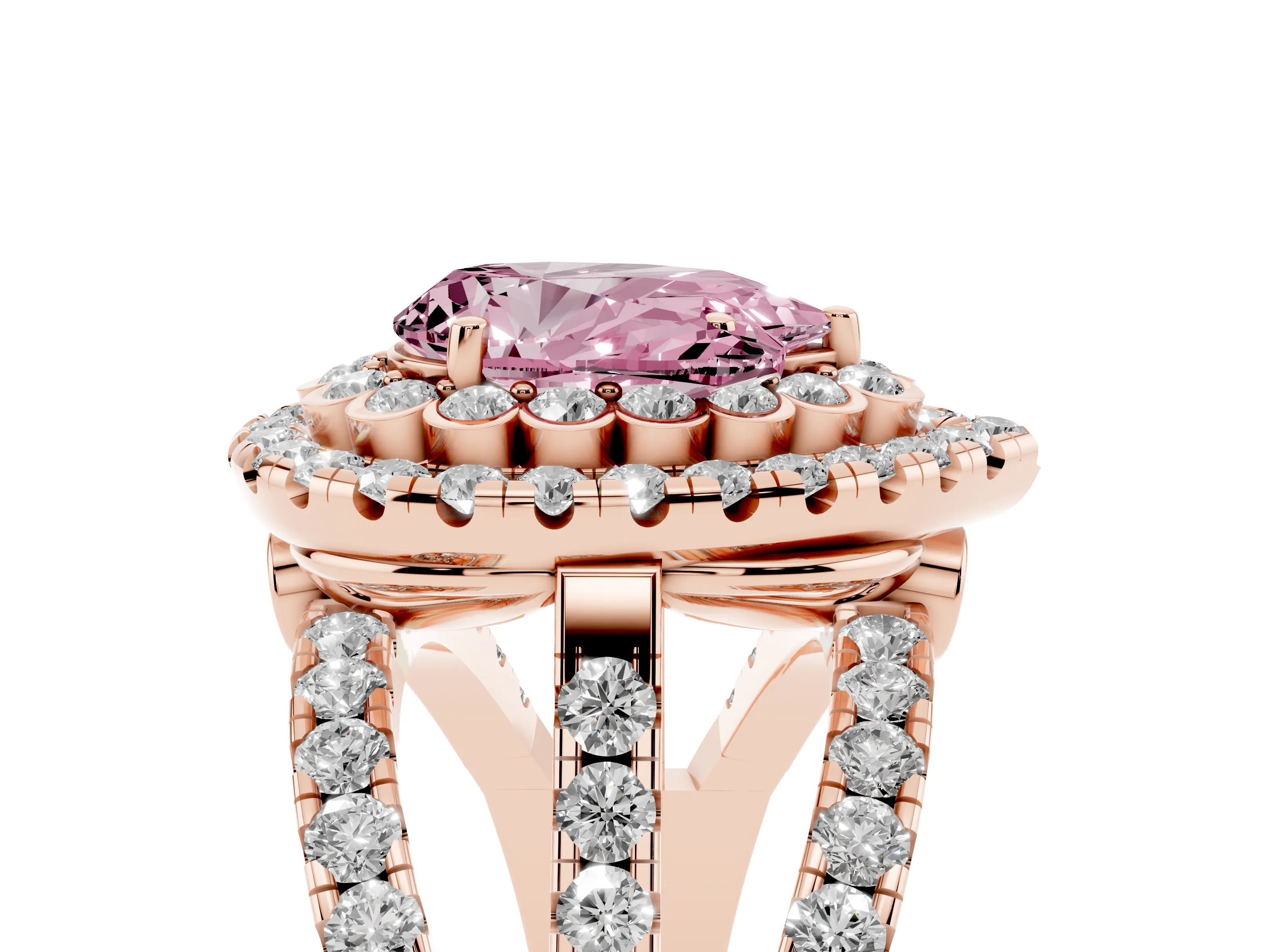 Fancy Pink Pear Cut Diamond Double Halo Ring Set in Rose gold with Round Pavé Split Shank