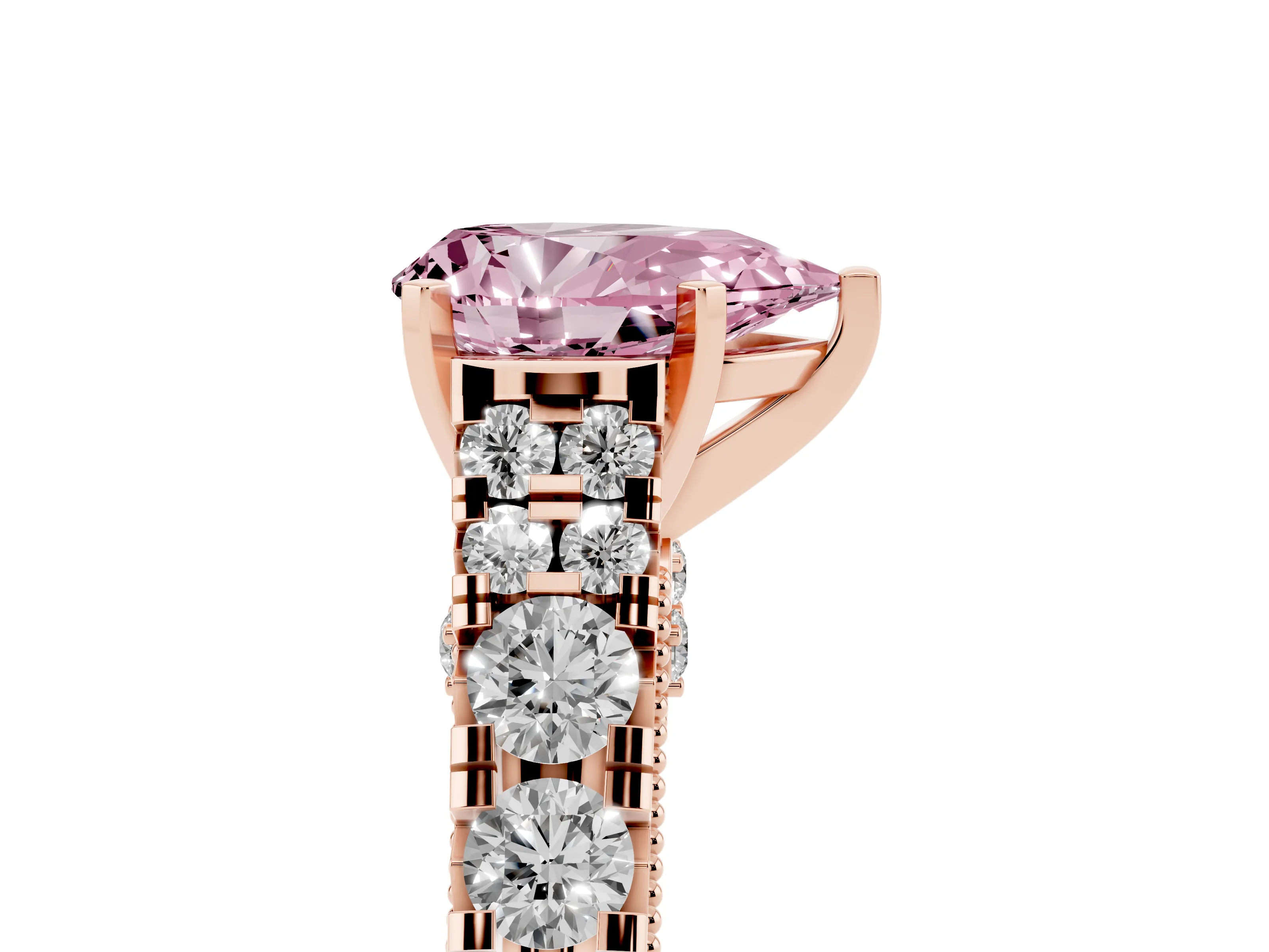 Fancy Pink Pear Cut Diamond Classic Solitaire Ring Set in Rose gold with Pavé Band and Prong Setting