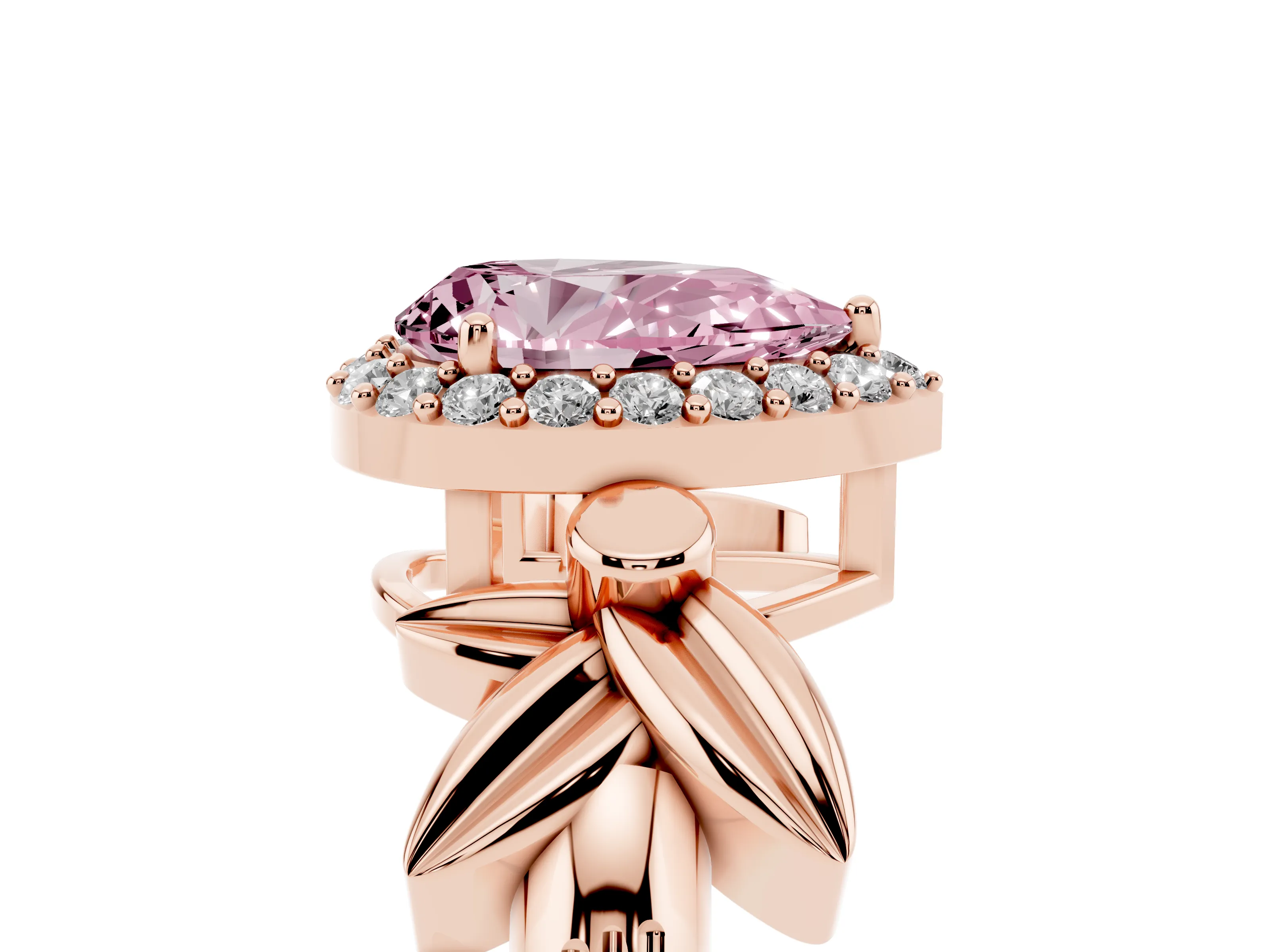 Fancy Pink Pear Cut Diamond Halo Floral Band Ring Set in Rose gold with Prong Setting