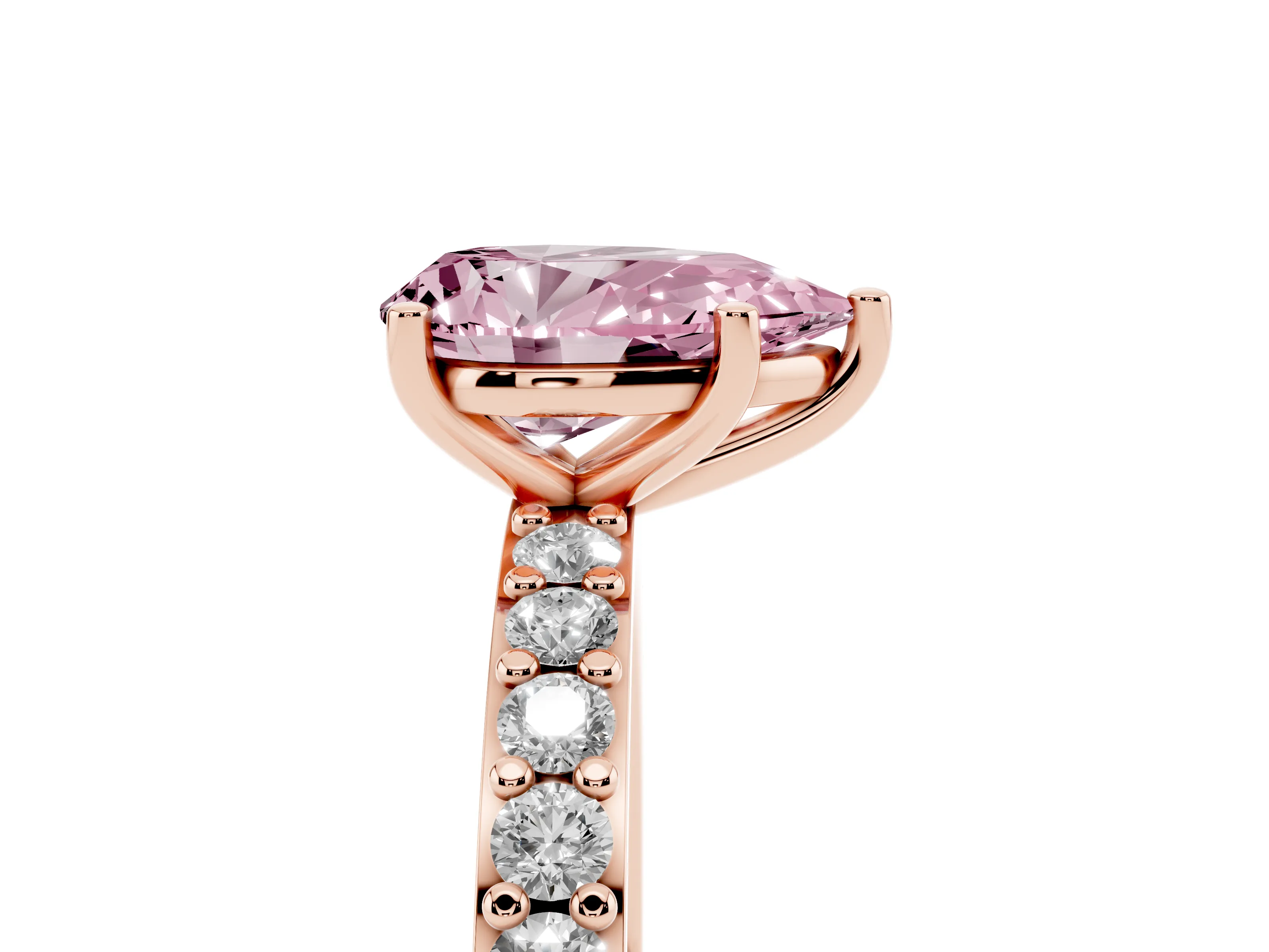 Fancy Pink Pear Cut Diamond Solitaire Set in Rose gold with Round Pavé Band and Prong Setting