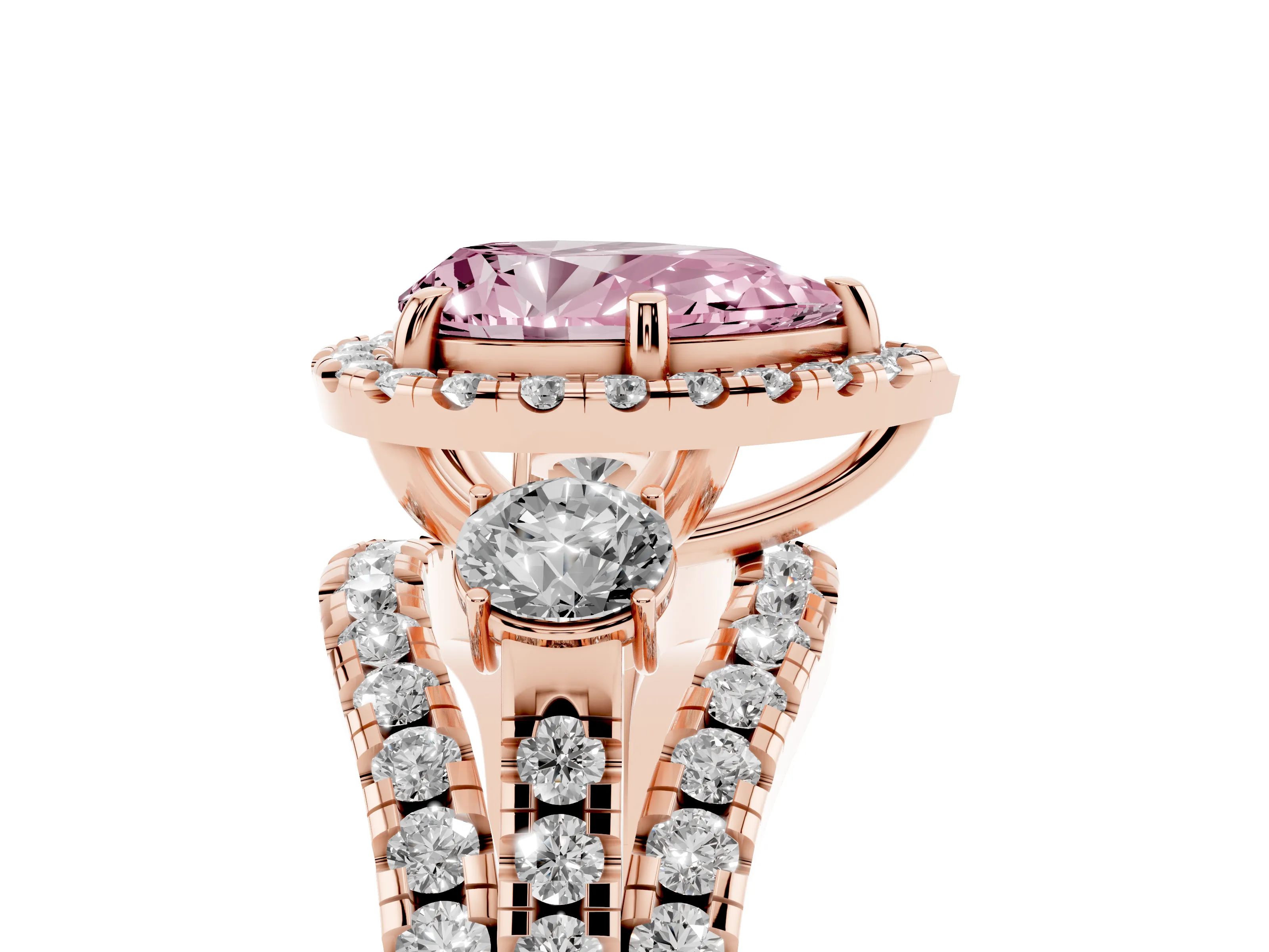 Fancy Pink Pear Cut Diamond Halo Split Shank Ring Set in Rose gold with Round Accent Stones and Prong Setting