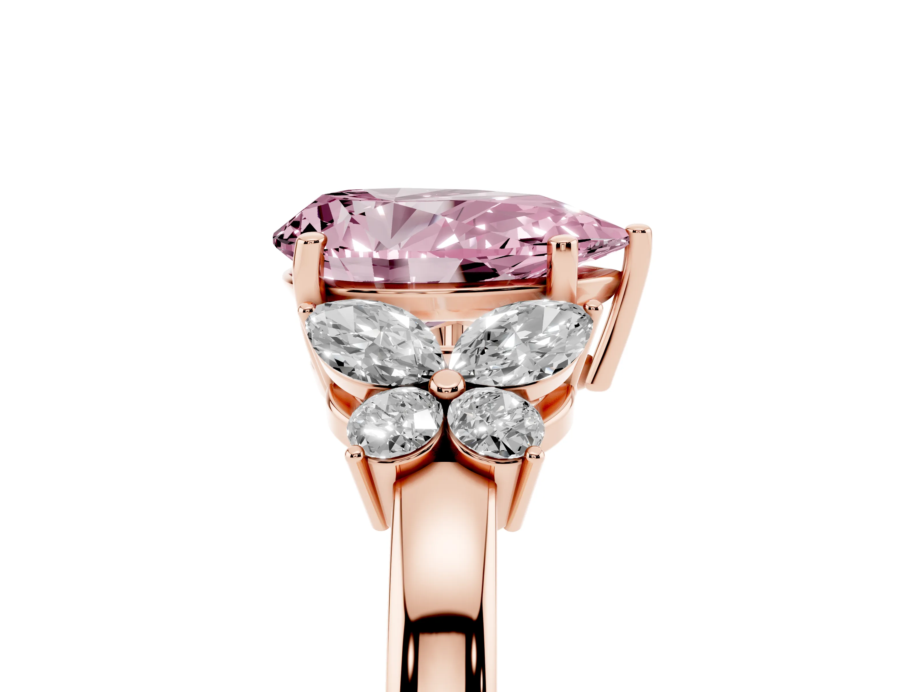 Fancy Pink Pear Cut Diamond Solitaire Floral Ring Set in Rose gold with Marquise Petals and Prong Setting