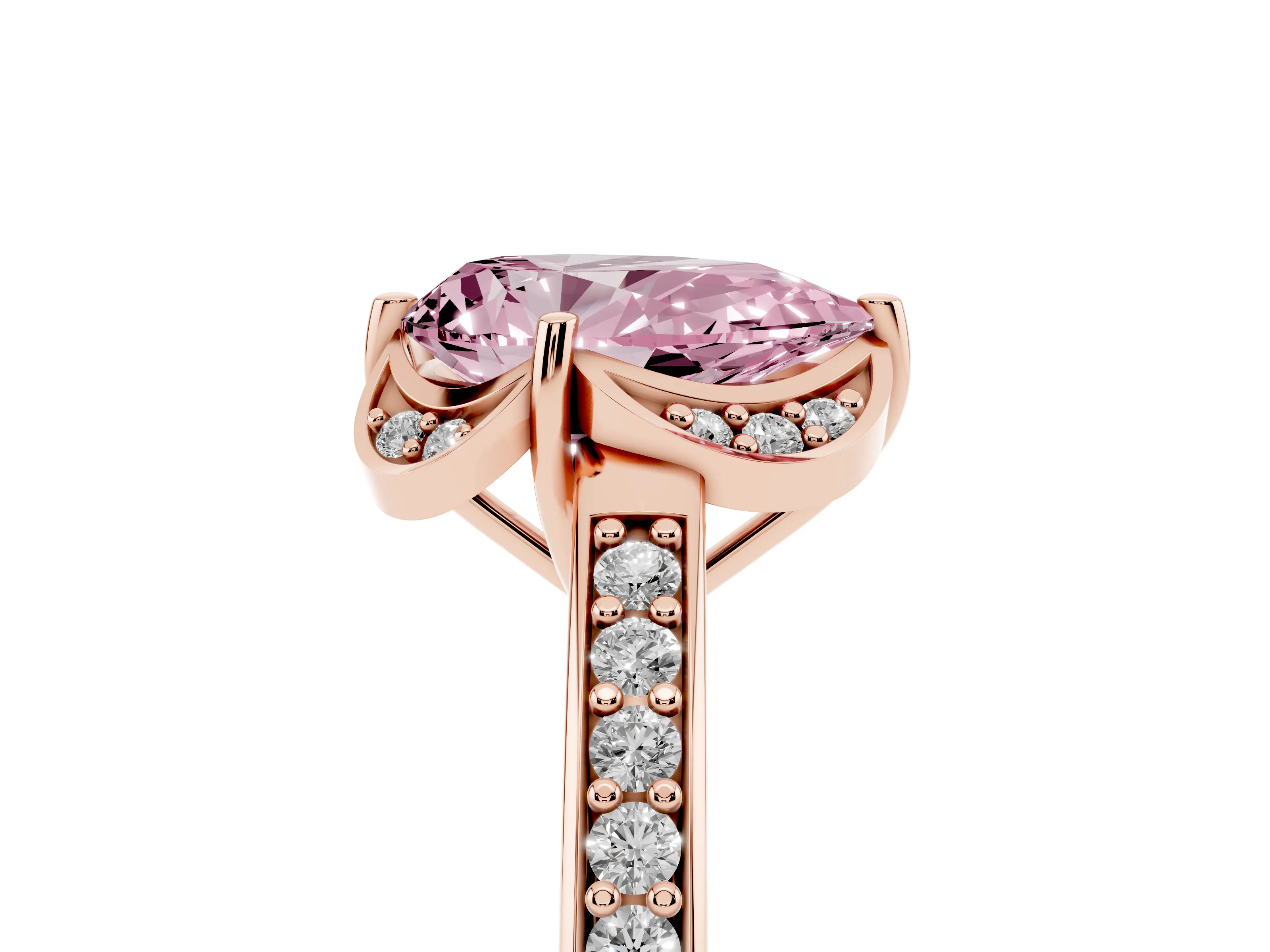 Fancy Pink Pear Cut Diamond Halo Ring Set in Rose gold with Channel Set Band and Prong Setting