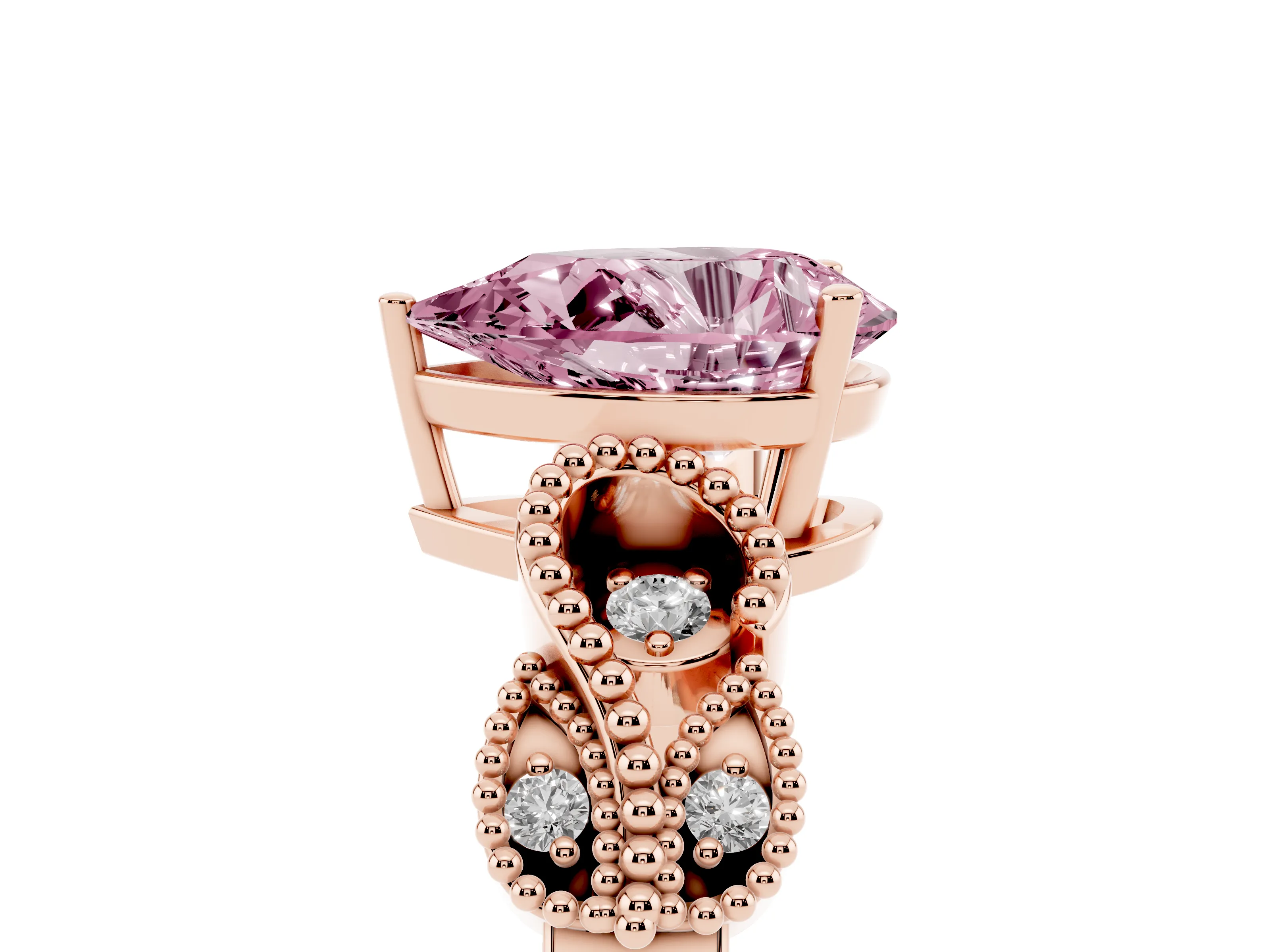 Fancy Pink Pear Cut Diamond Milgrain Leaf Band Solitaire Ring Set in Rose gold with Accent Stones and Prong Setting