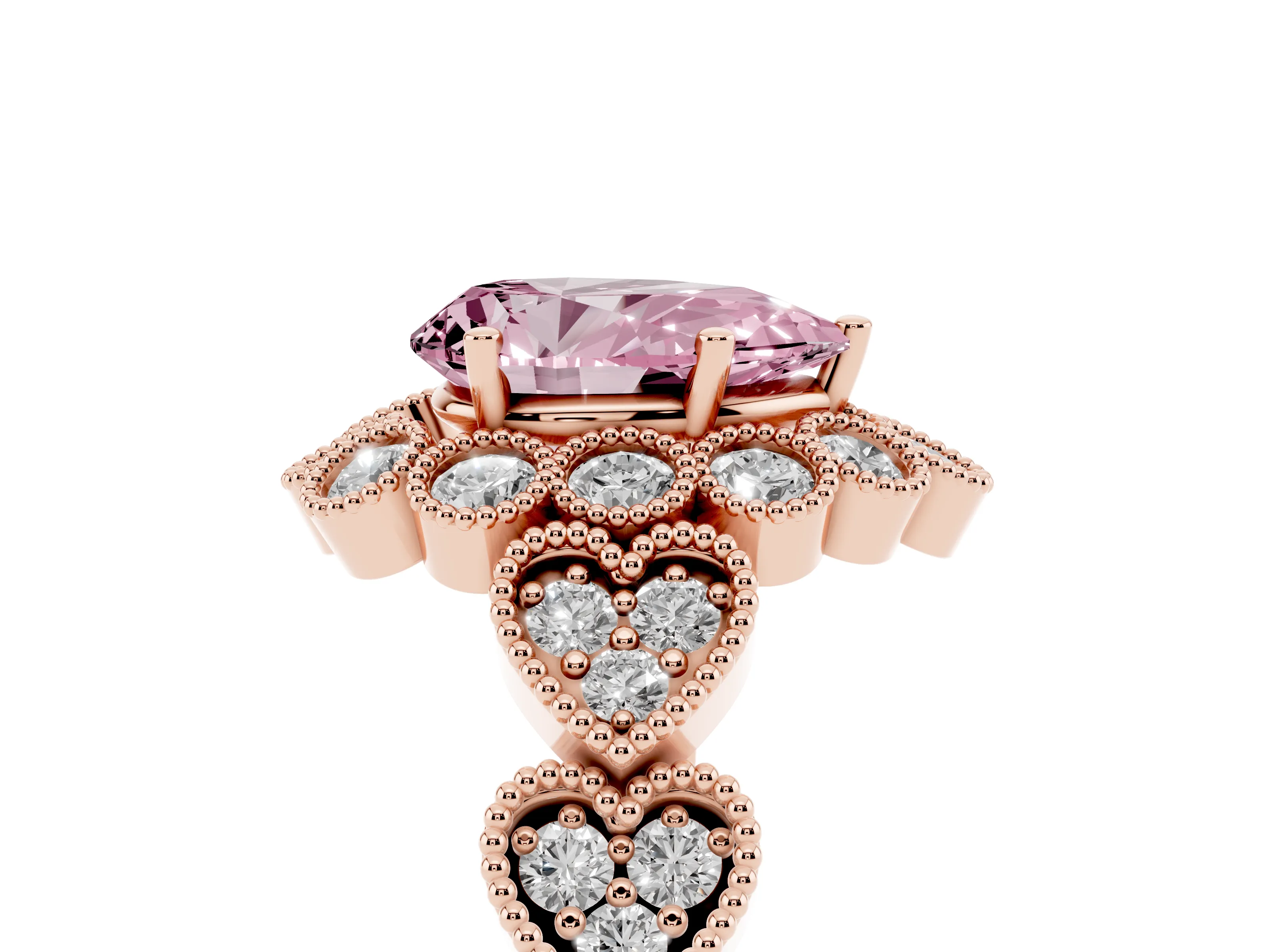 Fancy Pink Pear Cut Diamond Solitaire Ring Set in Rose gold with Milgrain Pavé Heart Band