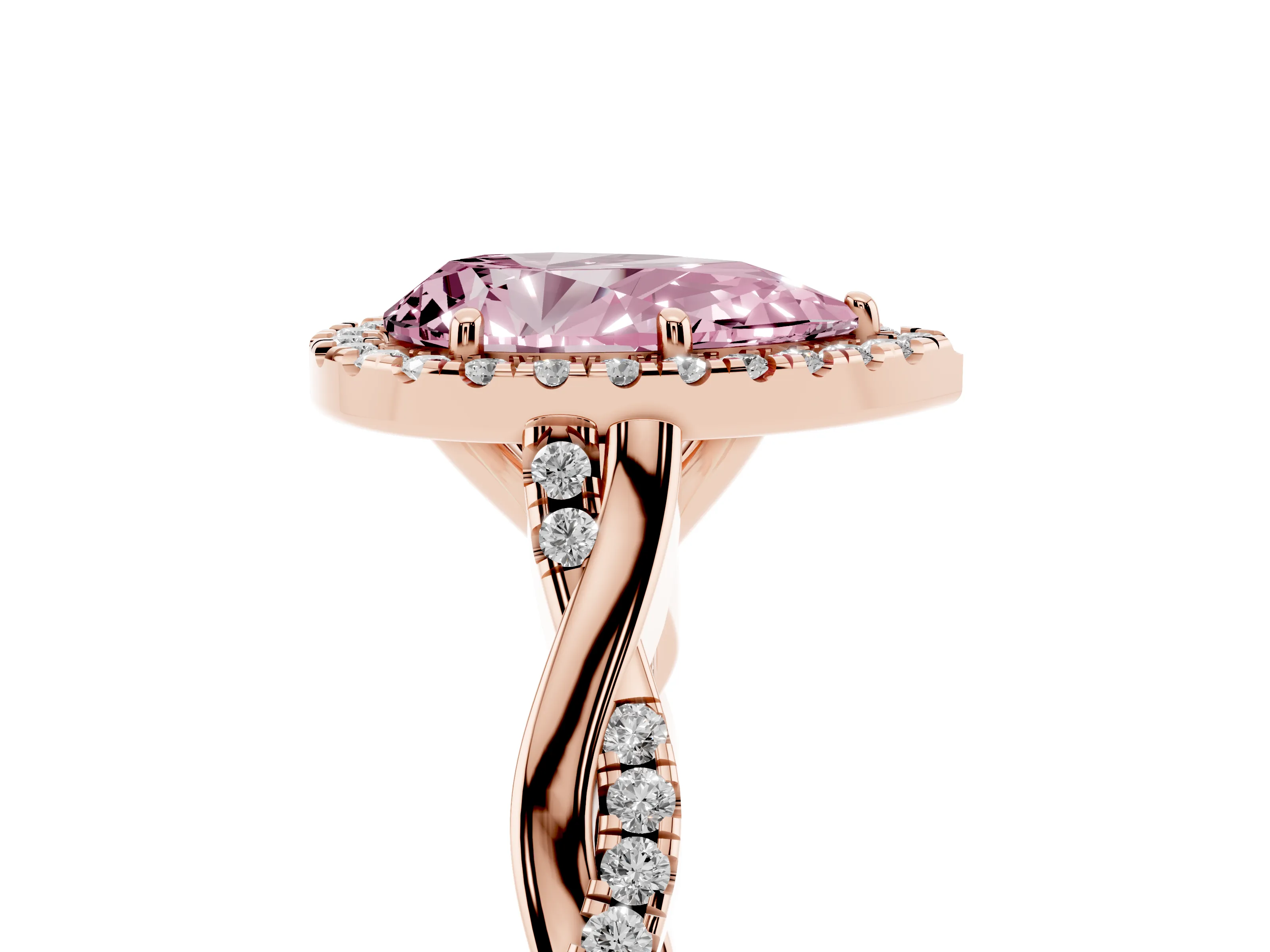 Fancy Pink Pear Cut Diamond Halo Twist Band Solitaire Ring Set in Rose gold with Prong Setting