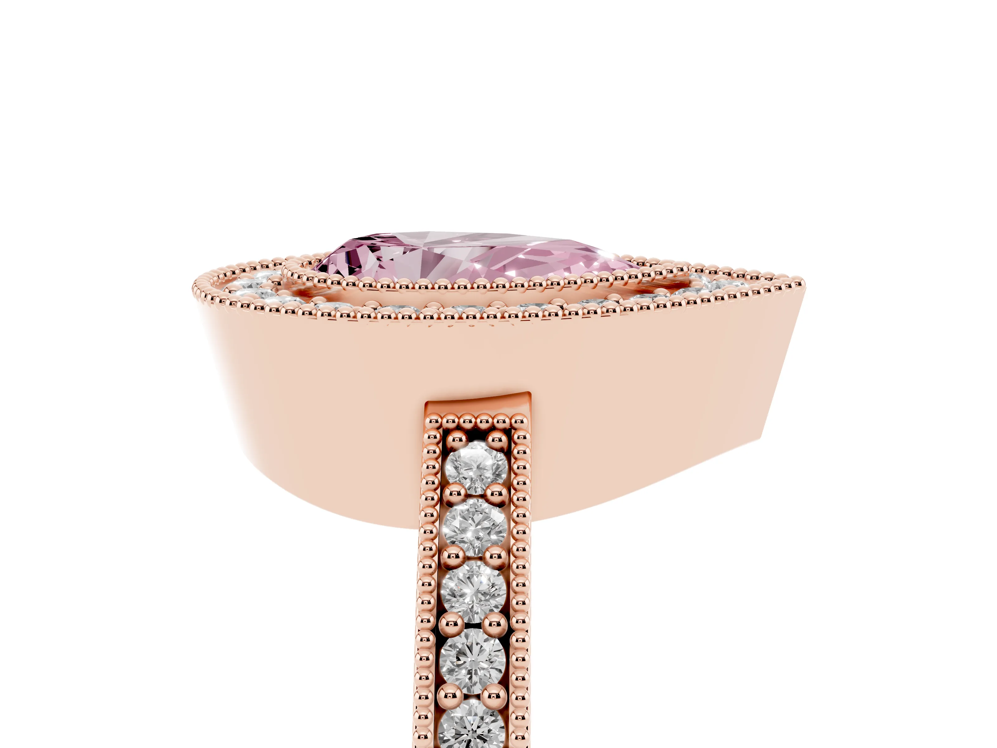 Fancy Pink Pear Cut Diamond Halo Engagement Ring Set in Rose gold with Pavé Band and Round Halo Stones