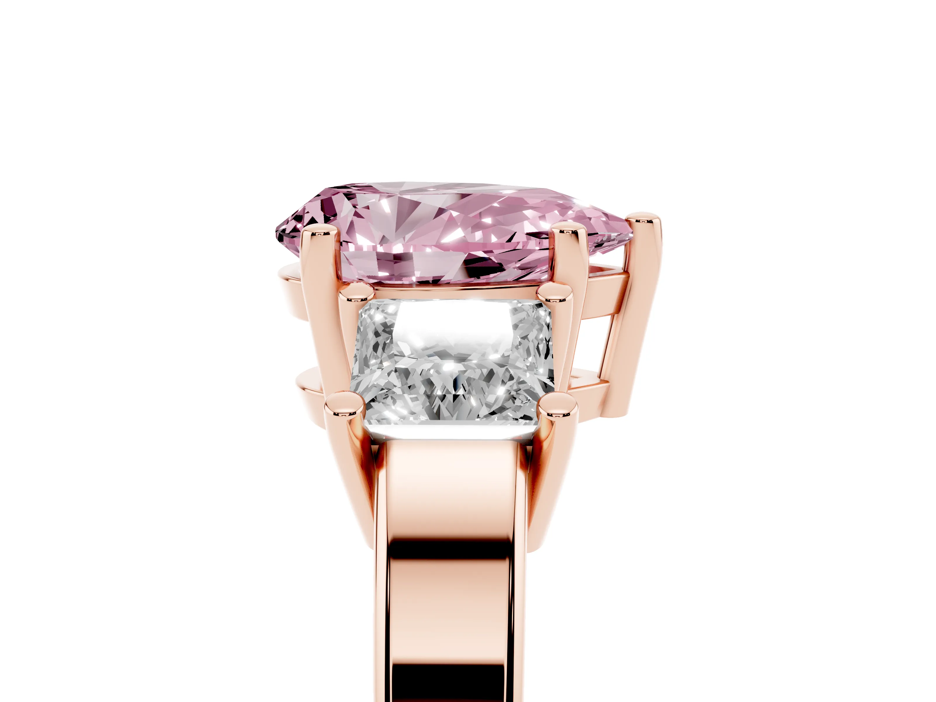 Fancy Pink Three-Stone Pear Cut Diamond Solitaire Ring Set in Rose gold with Prong Setting