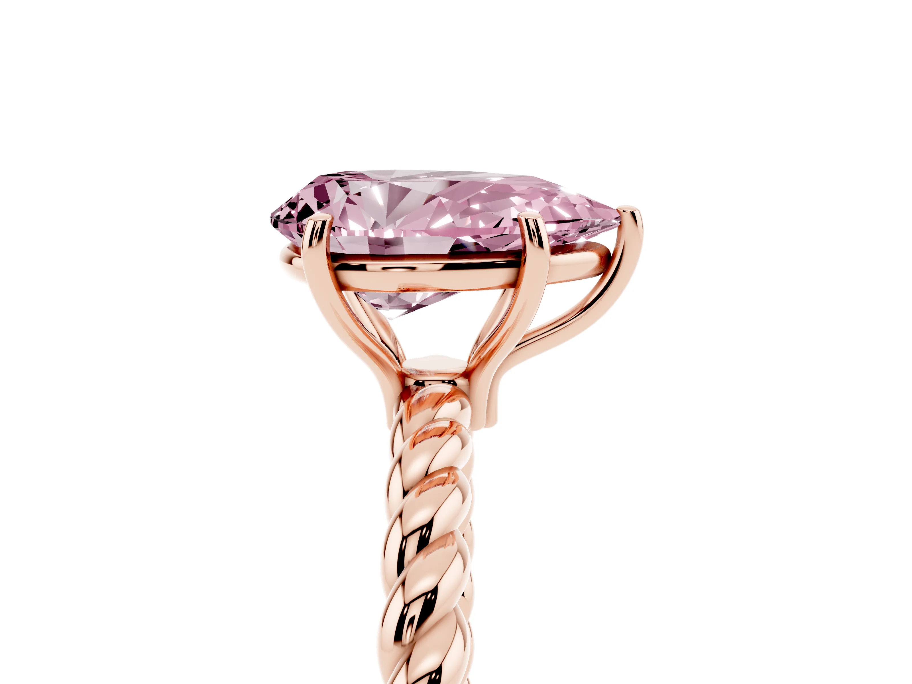 Fancy Pink Pear Cut Diamond Solitaire Ring Set in Rose gold with Twist Band and Prong Setting