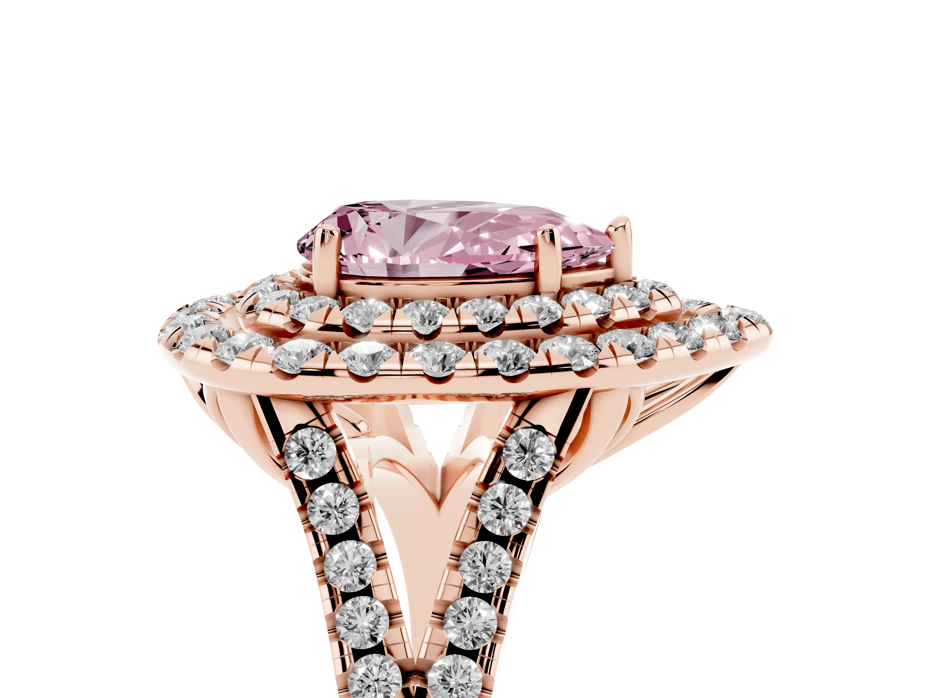 Fancy Pink Pear Cut Diamond Double Halo Ring Set in Rose gold with Pavé Split Shank and Prong Setting