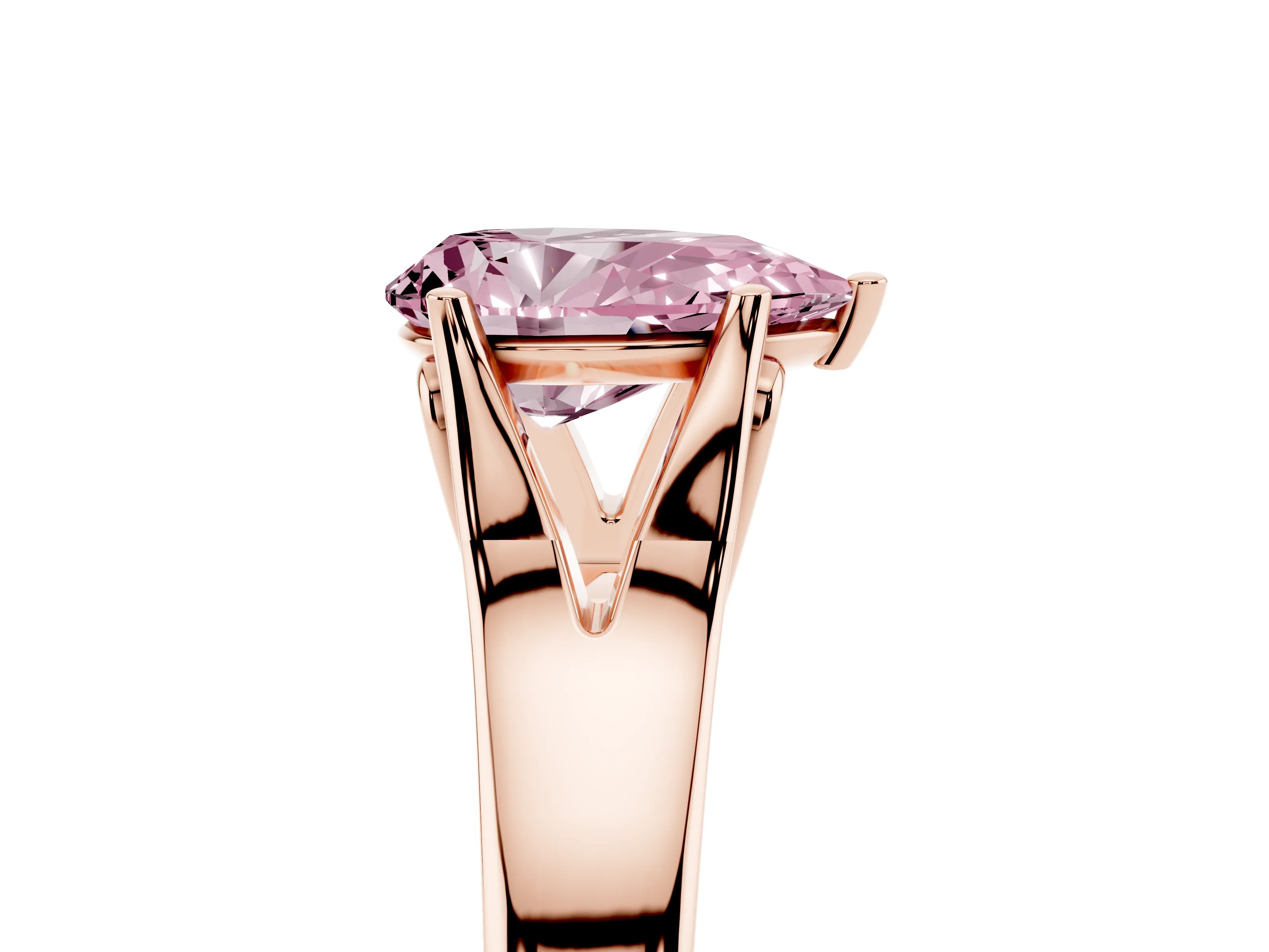 Fancy Pink Pear Cut Diamond Solitaire Ring Set in Rose gold with Arched Cathedral Band and Prong Setting