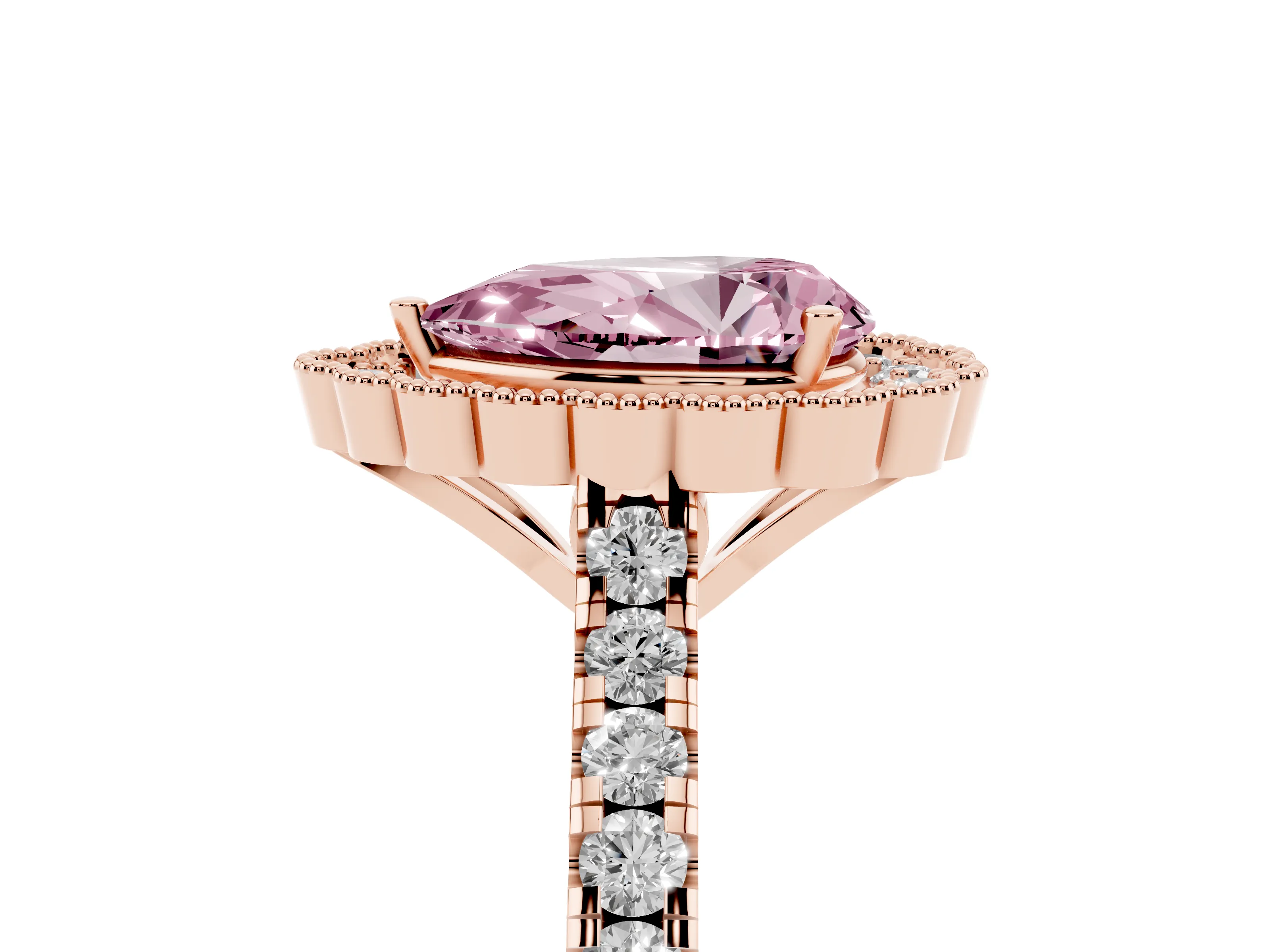 Fancy Pink Pear Cut Diamond Milgrain Floral Halo Engagement Ring Set in Rose gold with Pavé Band