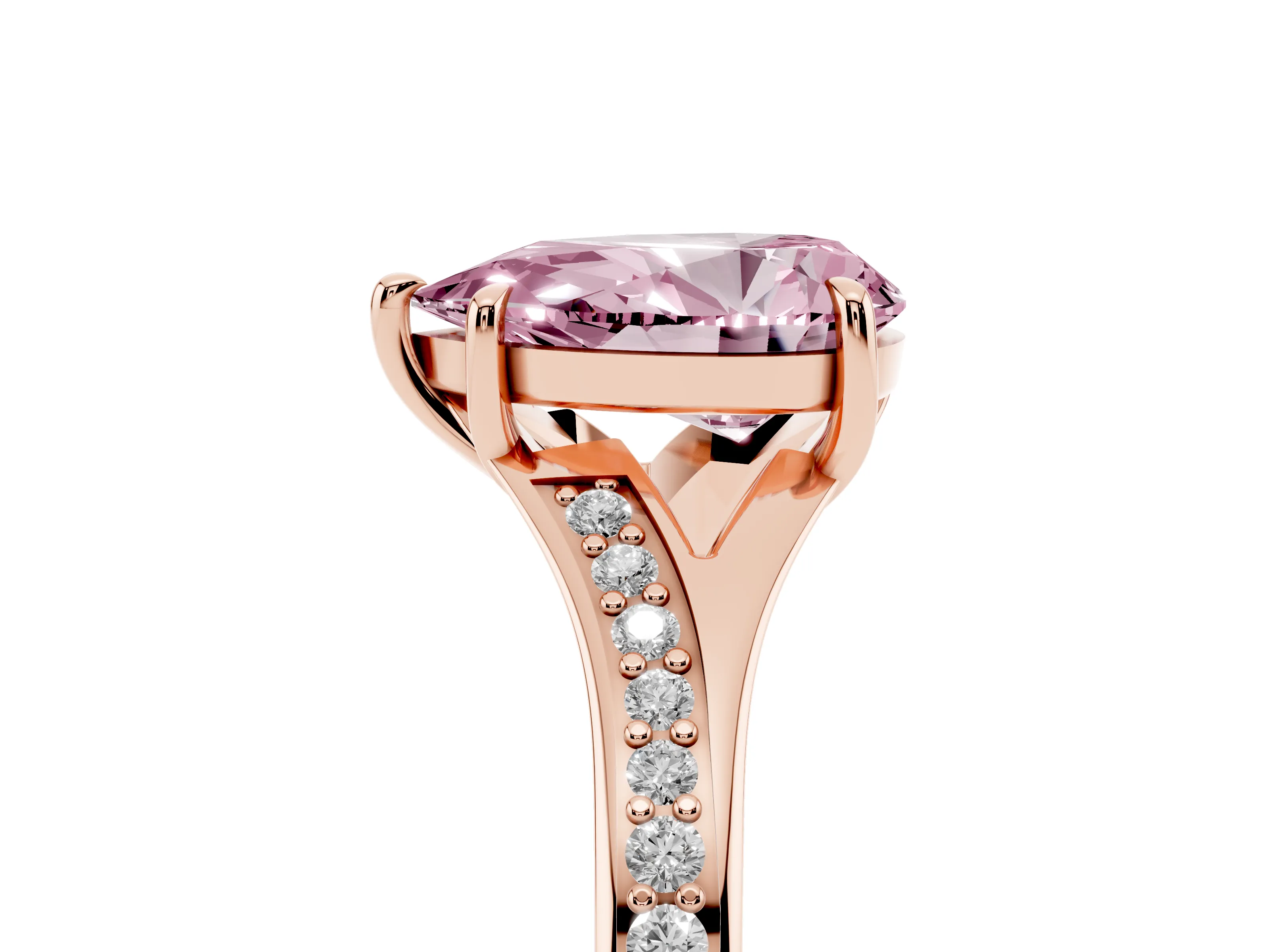 Fancy Pink Pear Cut Diamond Solitaire Ring Set in Rose gold with Pavé Accent Band and Classic Prong Setting