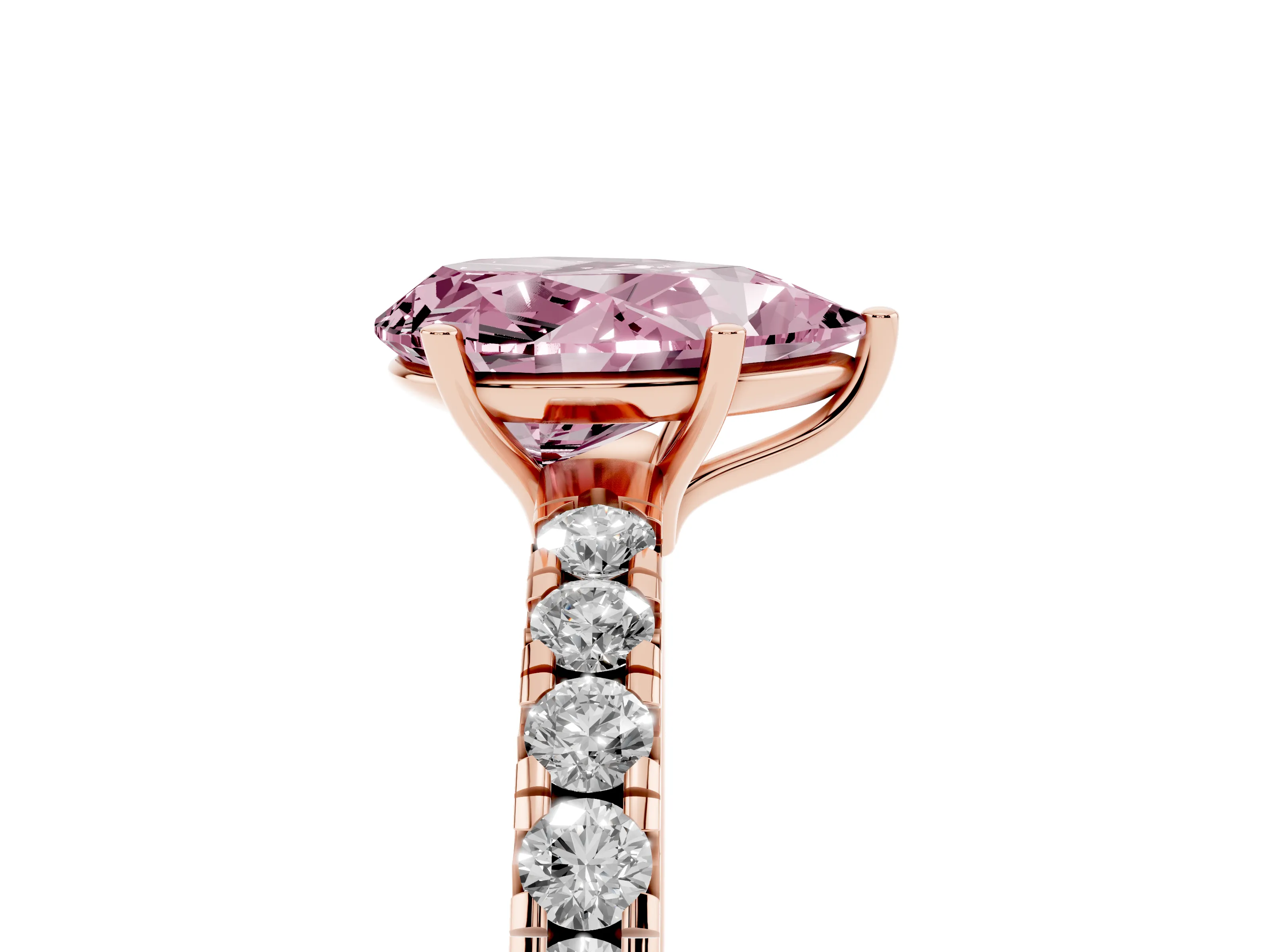 Fancy Pink Pear Cut Diamond Pavé Solitaire Engagement Ring Set in Rose gold with Prong Setting