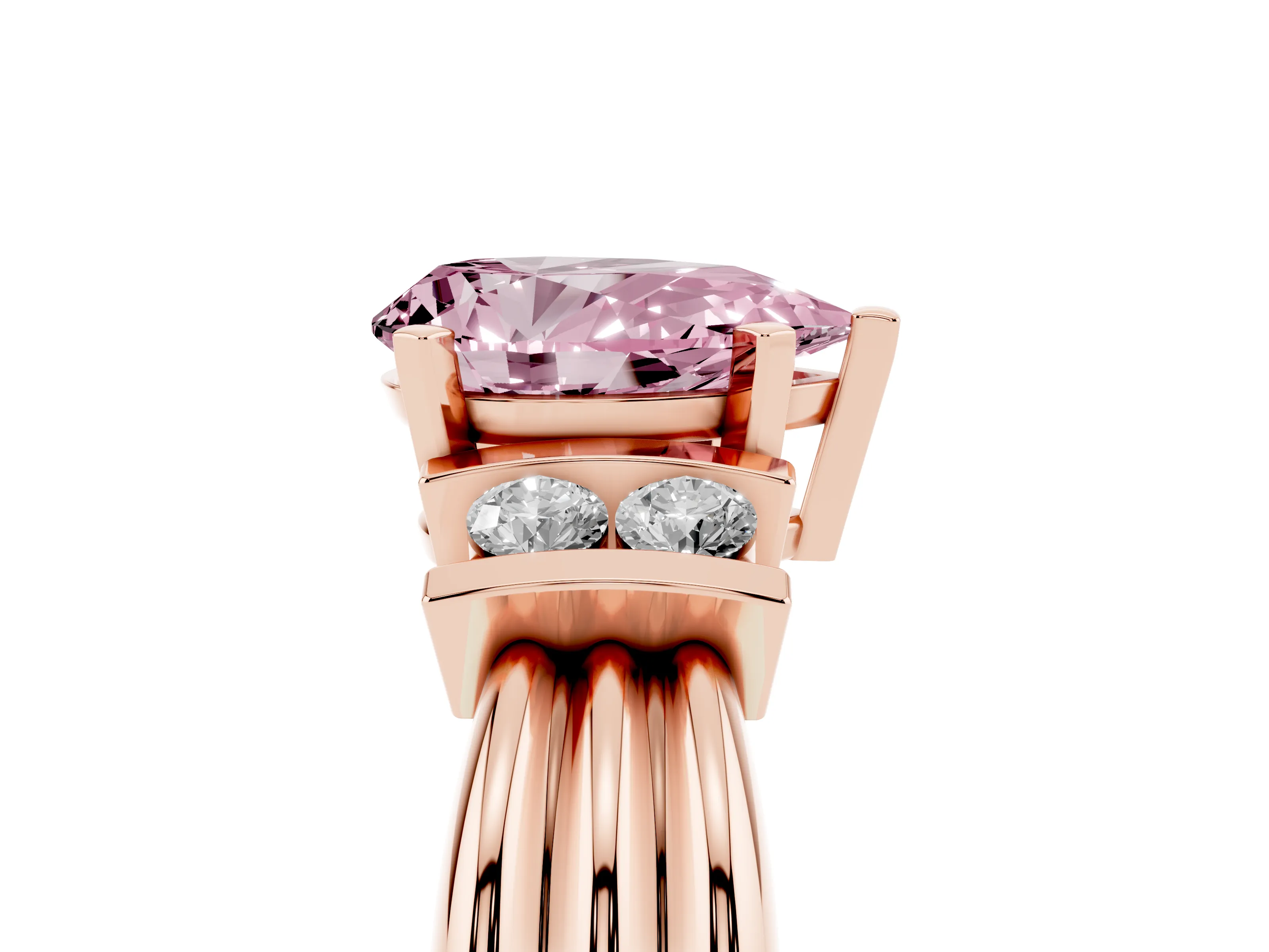 Fancy Pink Three-Stone Pear Cut Diamond Channel Set Ring Set in Rose gold with Bar Prongs