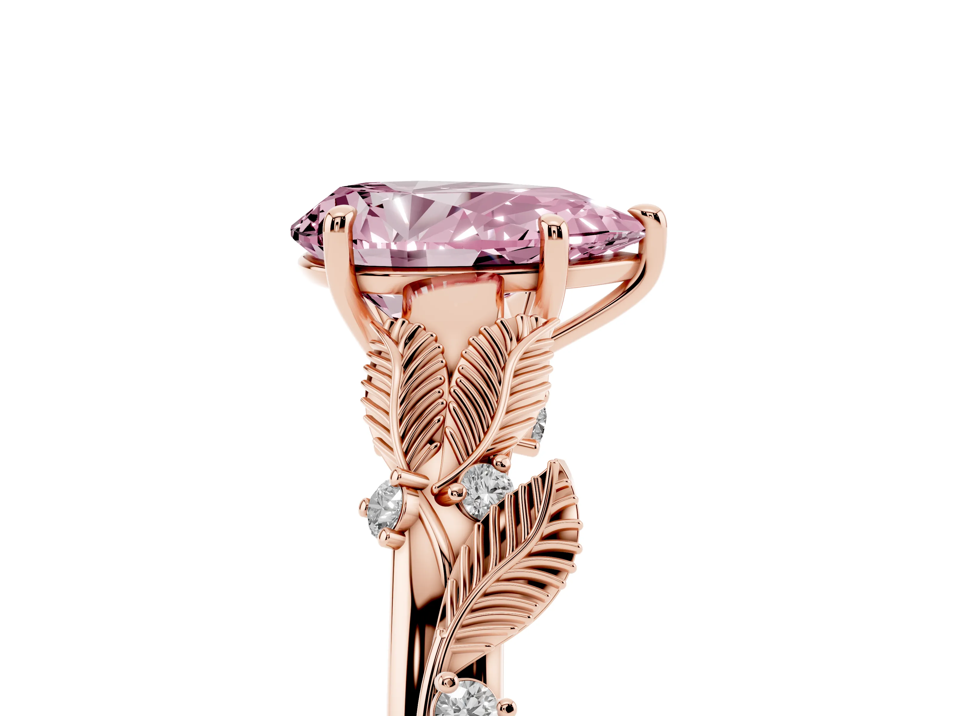Fancy Pink Pear Cut Diamond Solitaire Ring Set in Rose gold with Leaf Motif Band