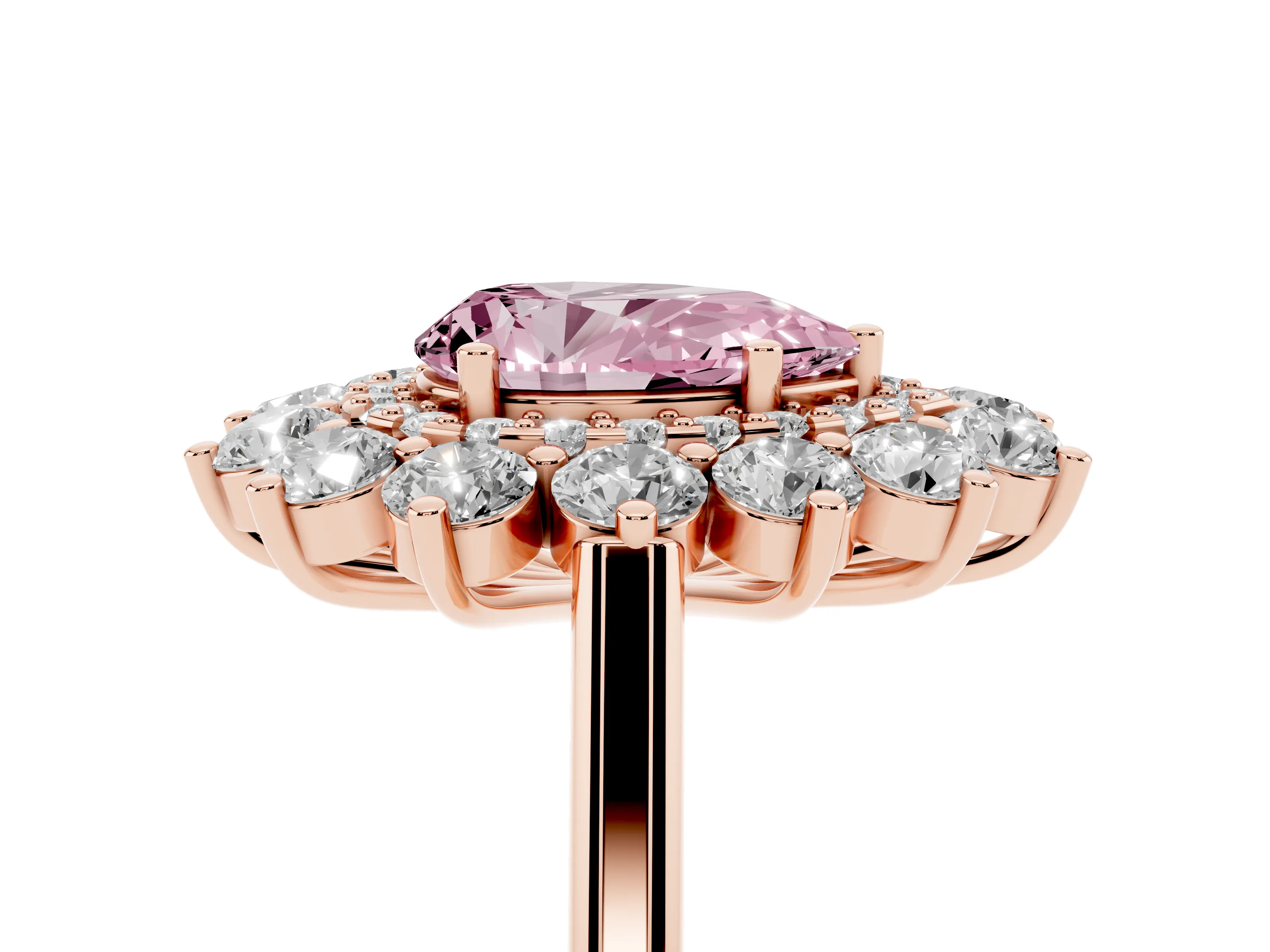 Fancy Pink Pear Cut Diamond Floral Double Halo Ring Set in Rose gold with Round Petals
