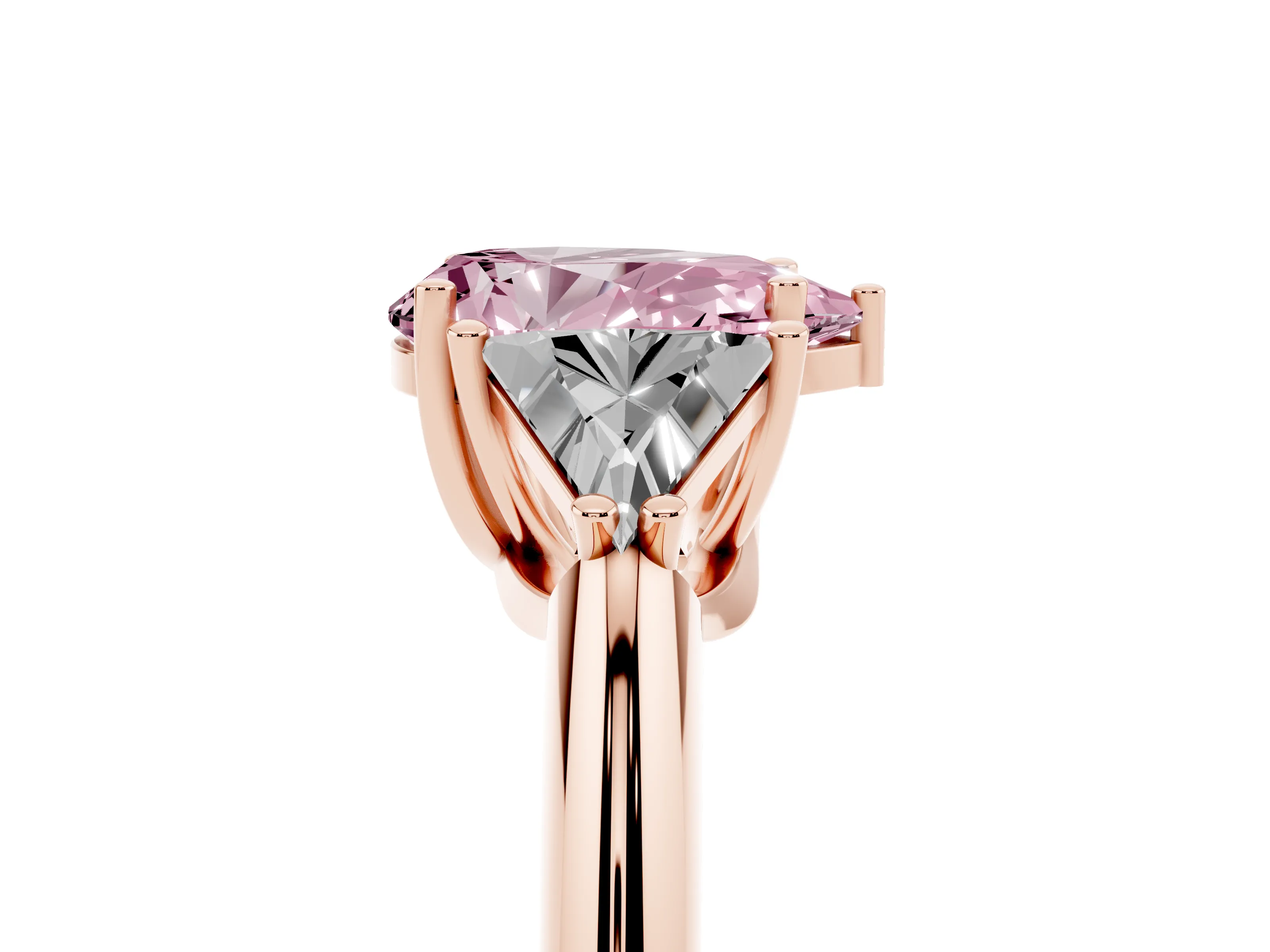 Fancy Pink Pear Cut Diamond Three-Stone Engagement Ring Set in Rose gold with Trillion Side Stones