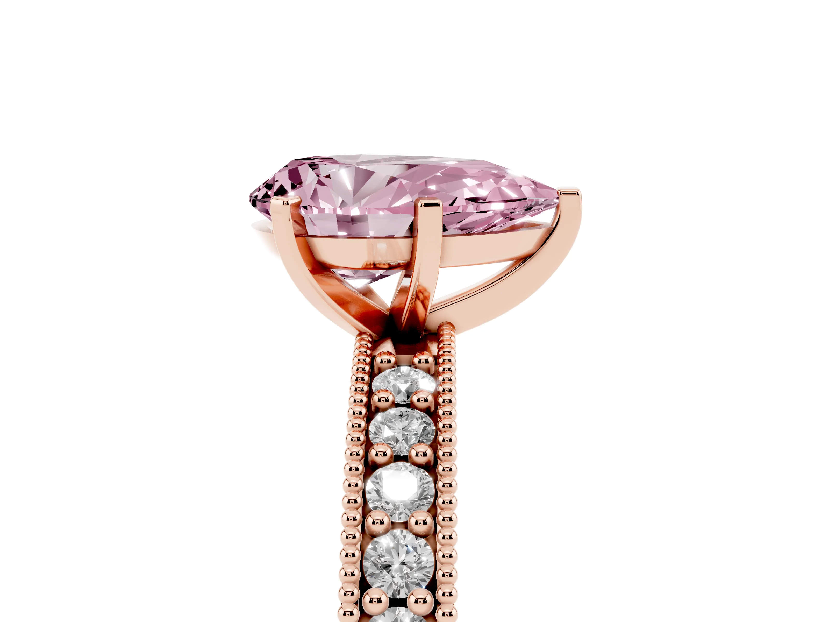 Fancy Pink Pear Cut Diamond Milgrain Pavé Engagement Ring Set in Rose gold with Prong Setting