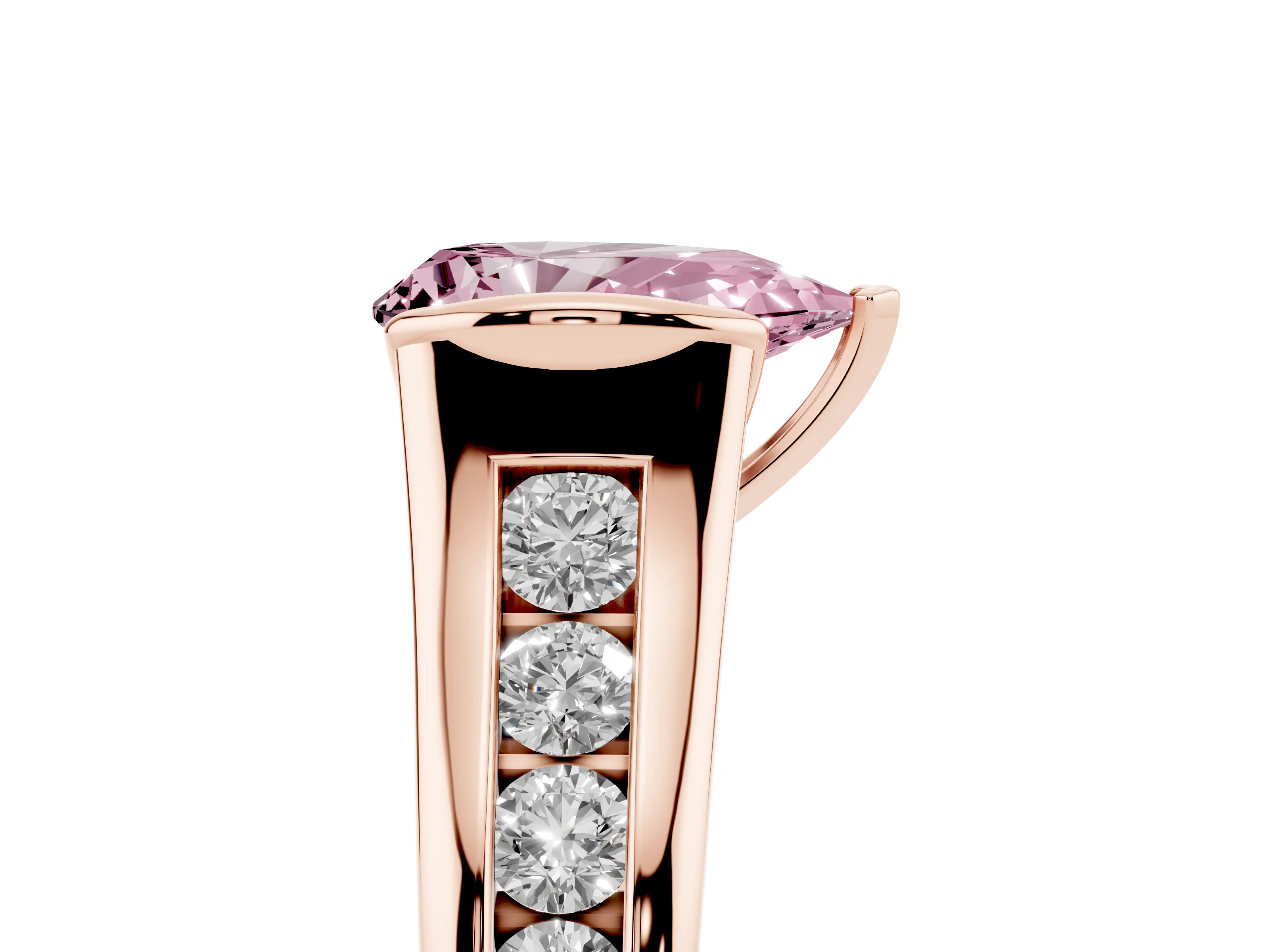 Fancy Pink Pear Cut Diamond Bezel-Set Solitaire Ring Set in Rose gold with Channel-Set Band