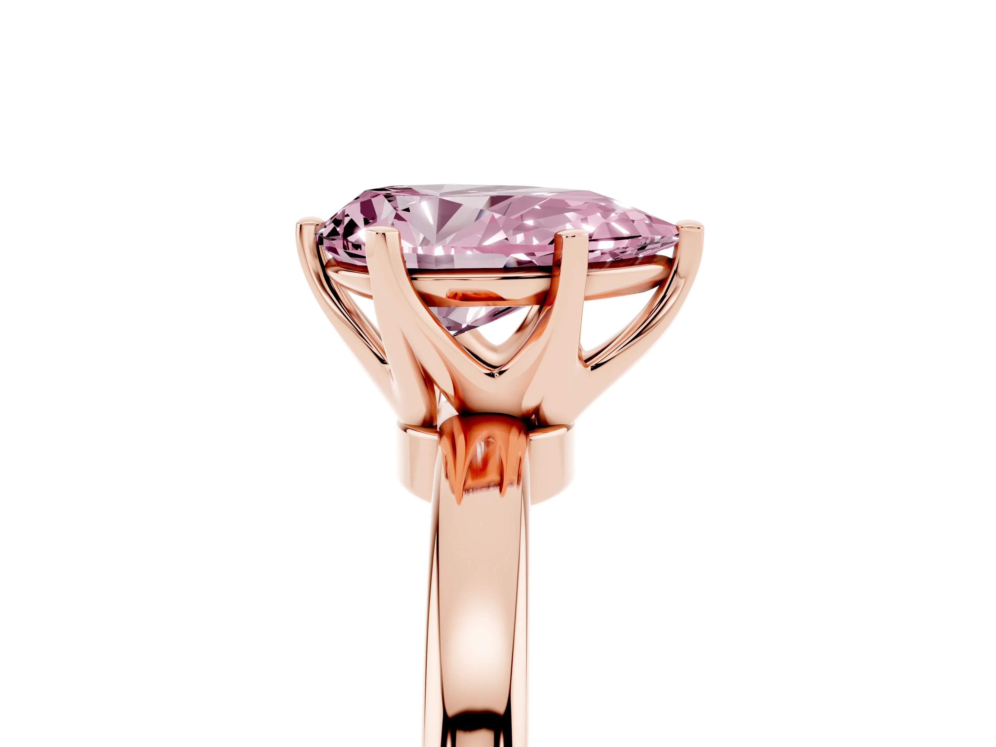 Fancy Pink Pear Cut Diamond Solitaire Ring Set in Rose gold with Raised Prong Setting on a Classic Band