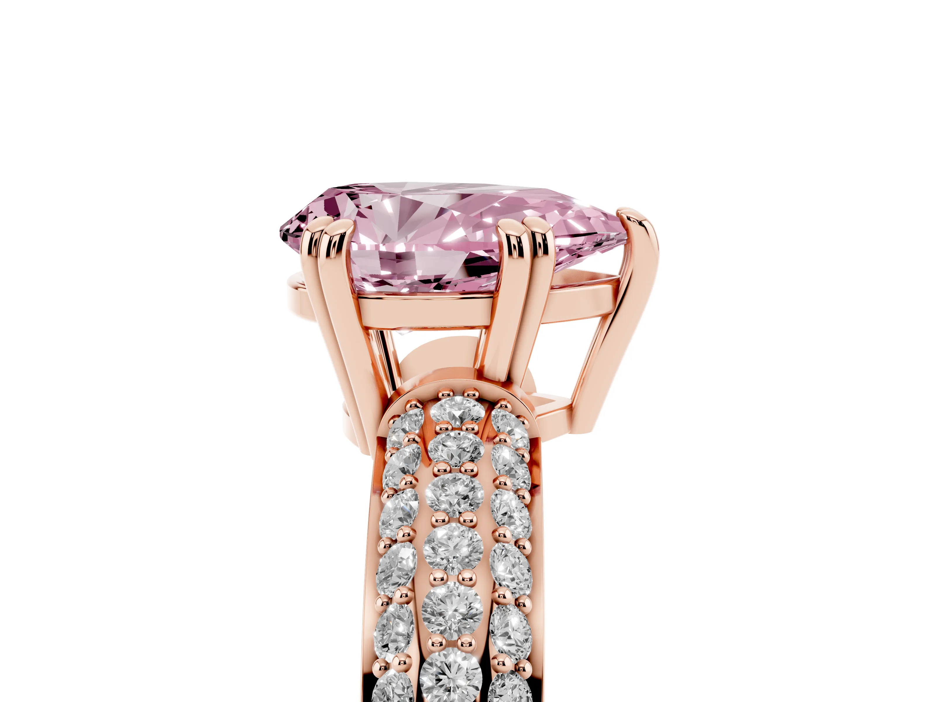 Fancy Pink Pear Cut Diamond Solitaire Ring Set in Rose gold with Multi-Row Round Pavé Band and Prong Setting