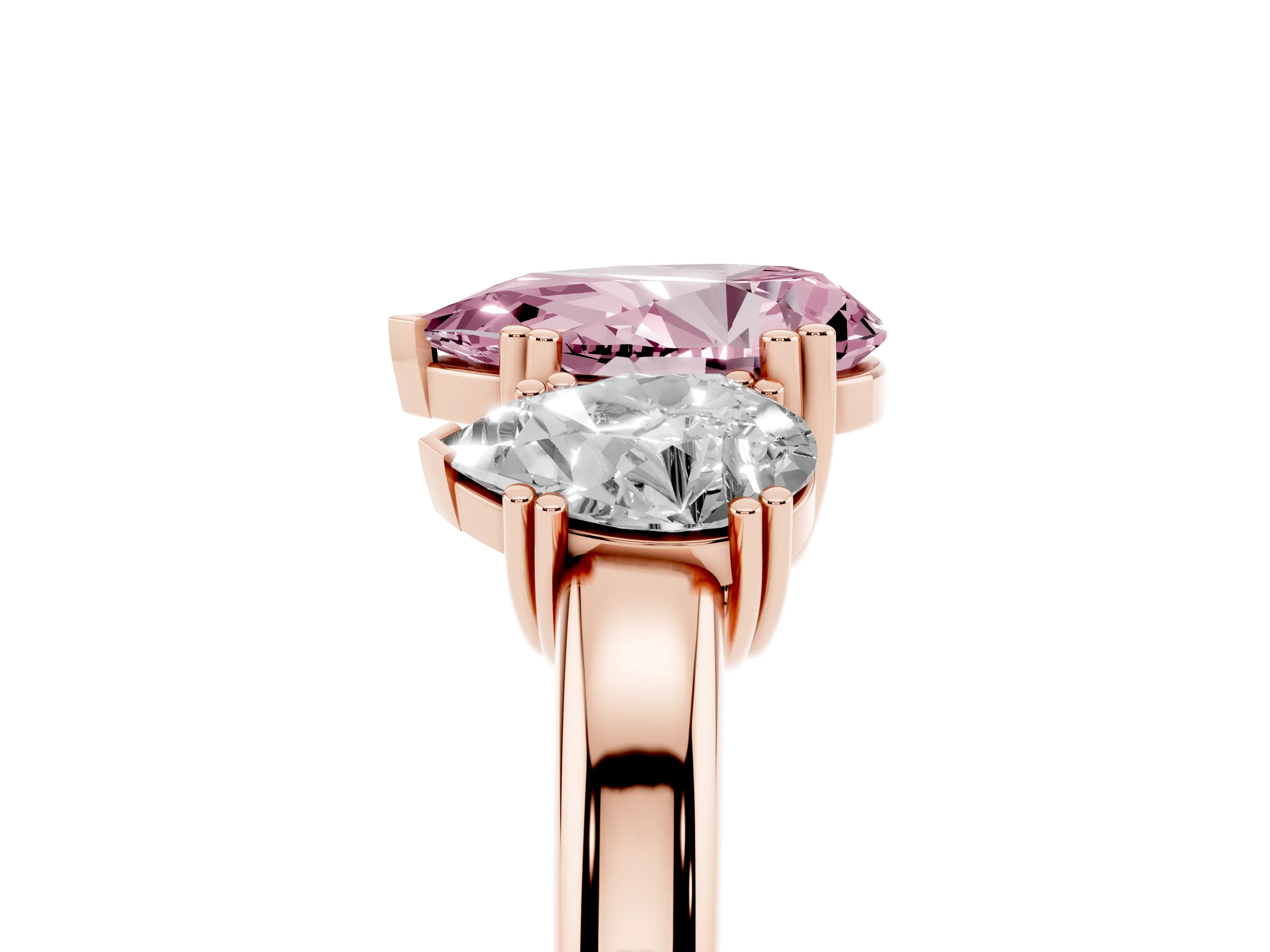 Fancy Pink Pear Cut Diamond Three-Stone Ring Set in Rose gold with Polished Channel-Set Band