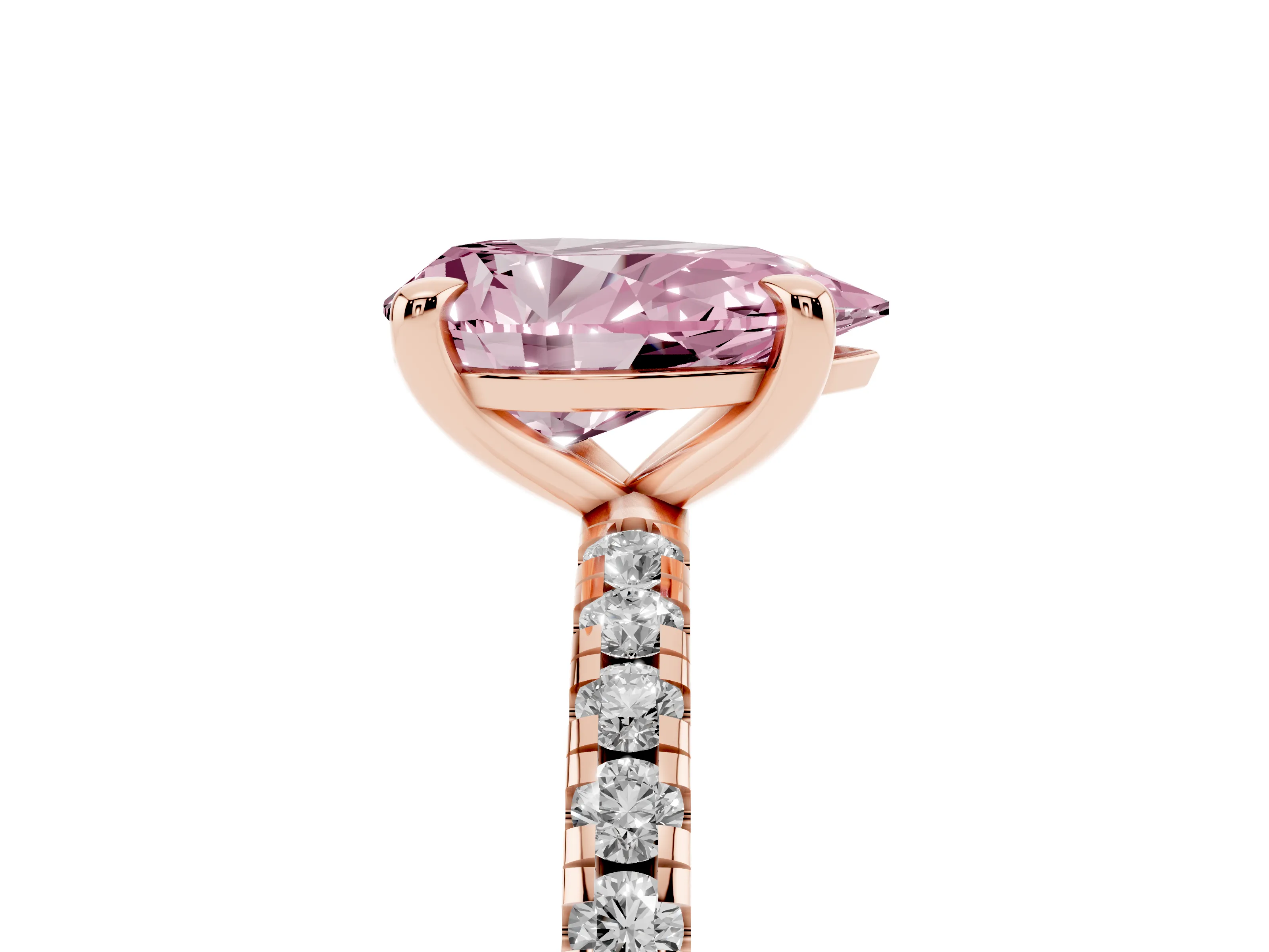 Fancy Pink Pear Cut Diamond Brilliant Solitaire Ring Set in Rose gold with Pavé Band and Prong Setting