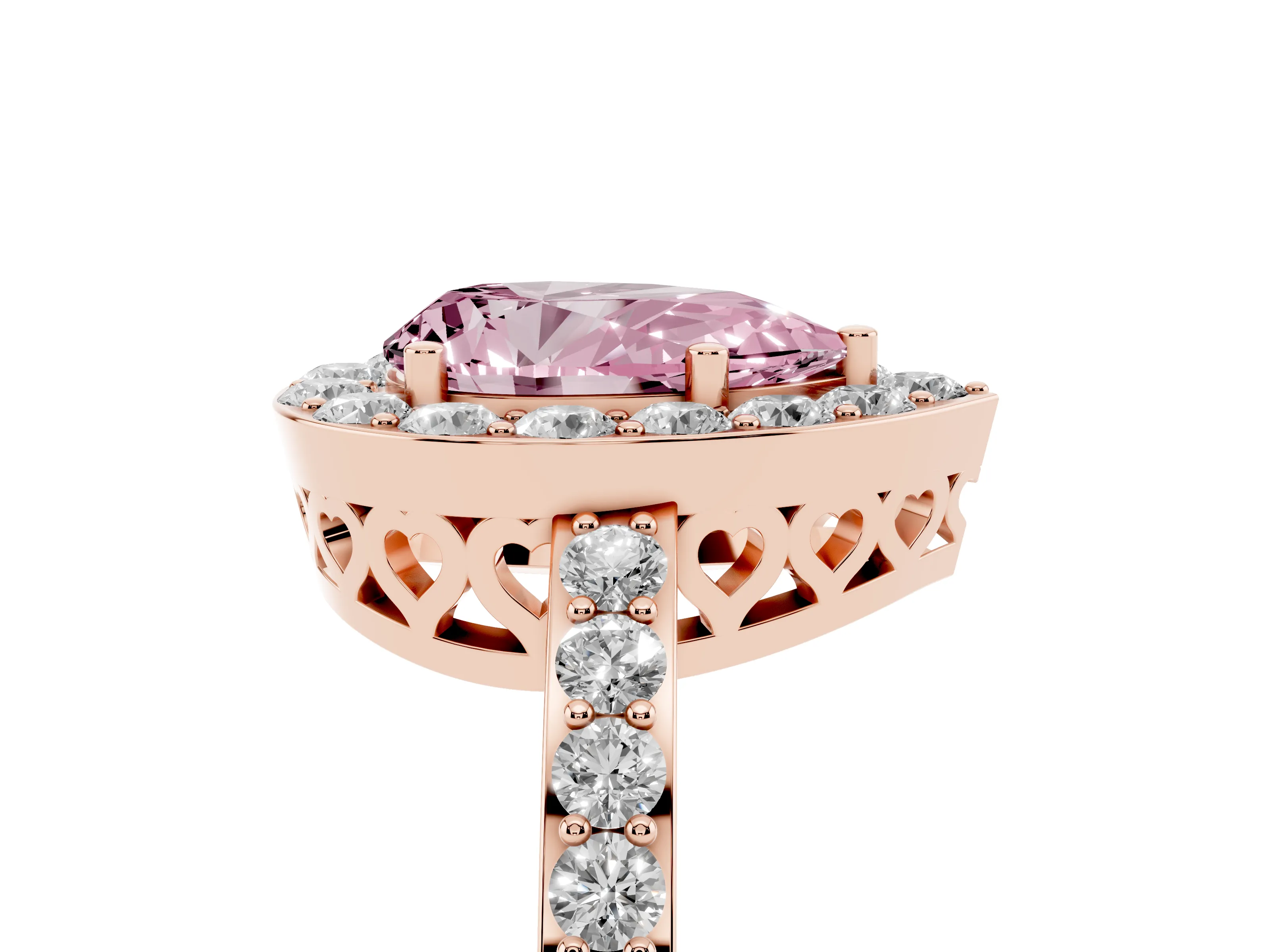 Fancy Pink Pear Cut Diamond Halo Ring Set in Rose gold with Pavé-Setting Band and Open Prong Center