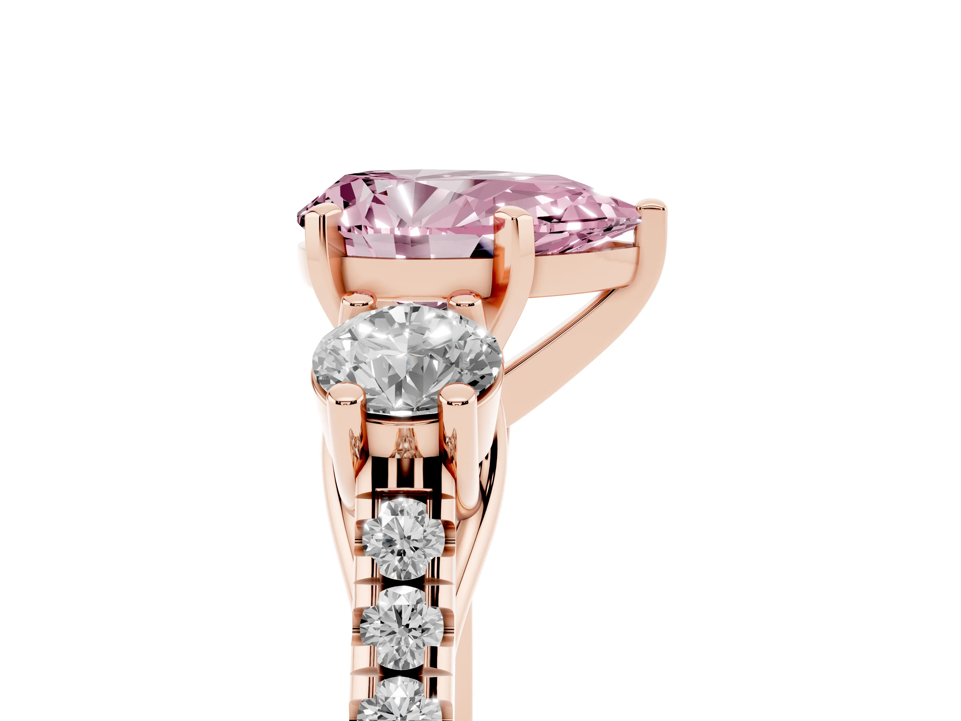 Fancy Pink Three-Stone Pear Cut Diamond Pavé Band Ring Set in Rose gold with Prong-Set Trio