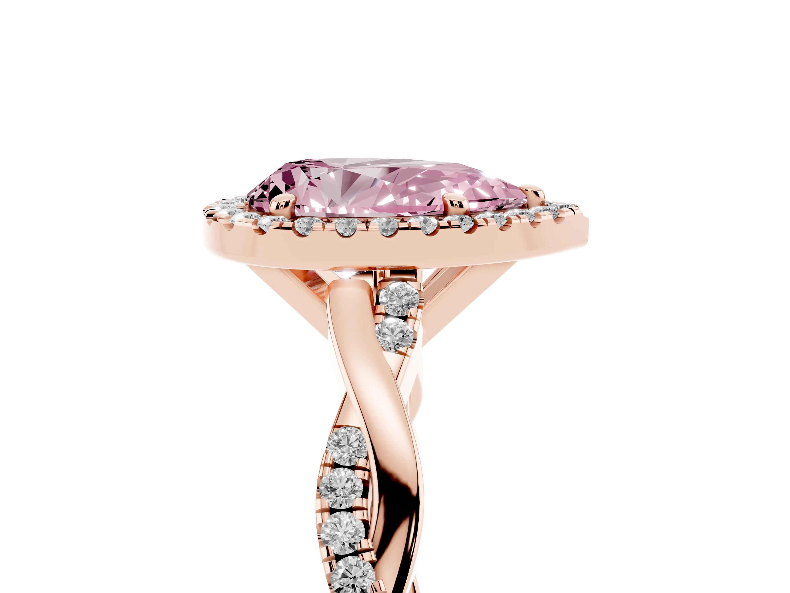 Fancy Pink Pear Cut Diamond Halo Twisted Band Ring Set in Rose gold with Prong Setting