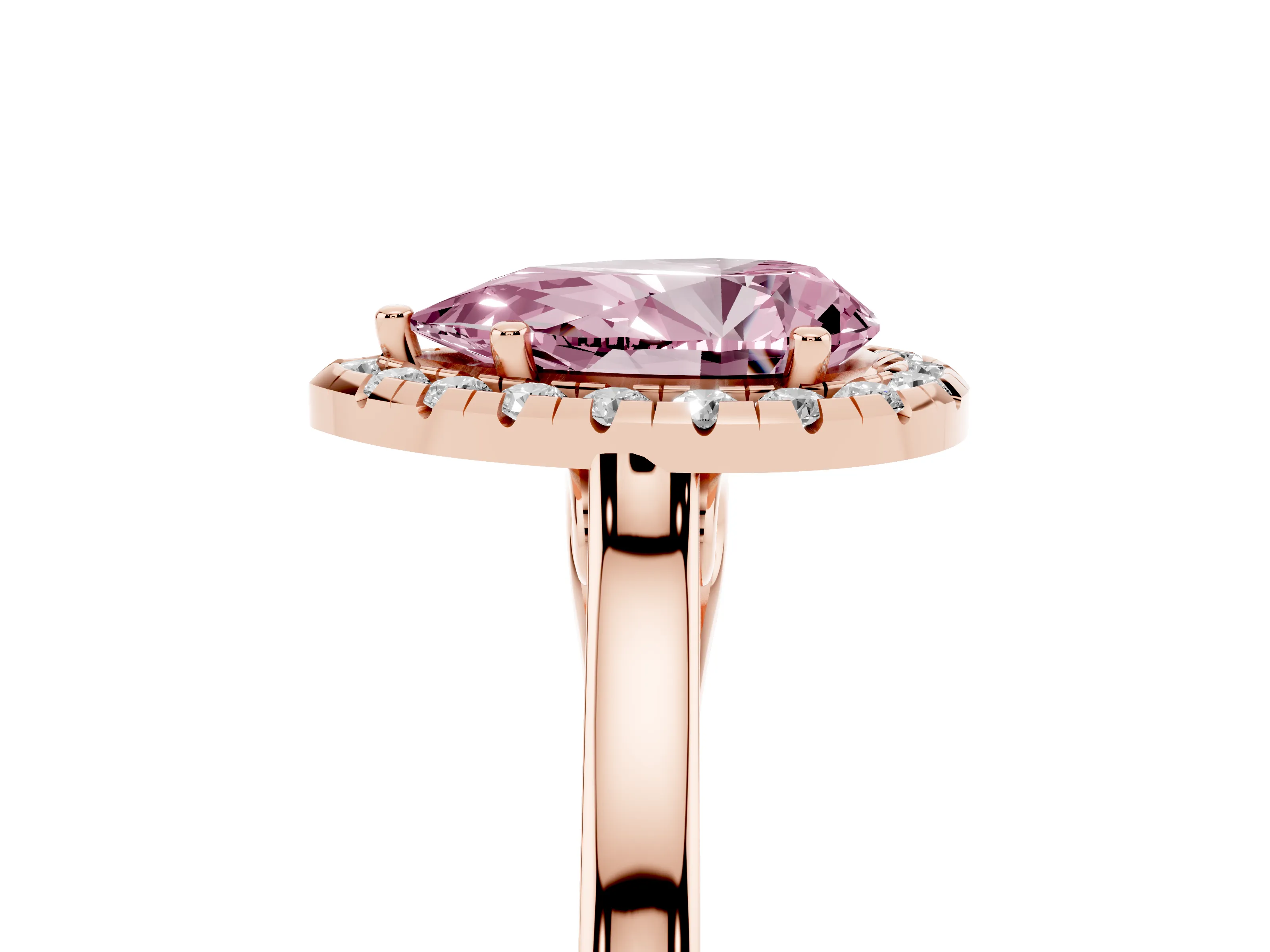 Fancy Pink Pear Cut Halo Round Diamond Solitaire Ring Set in Rose gold with Pavé Band and Prong Setting