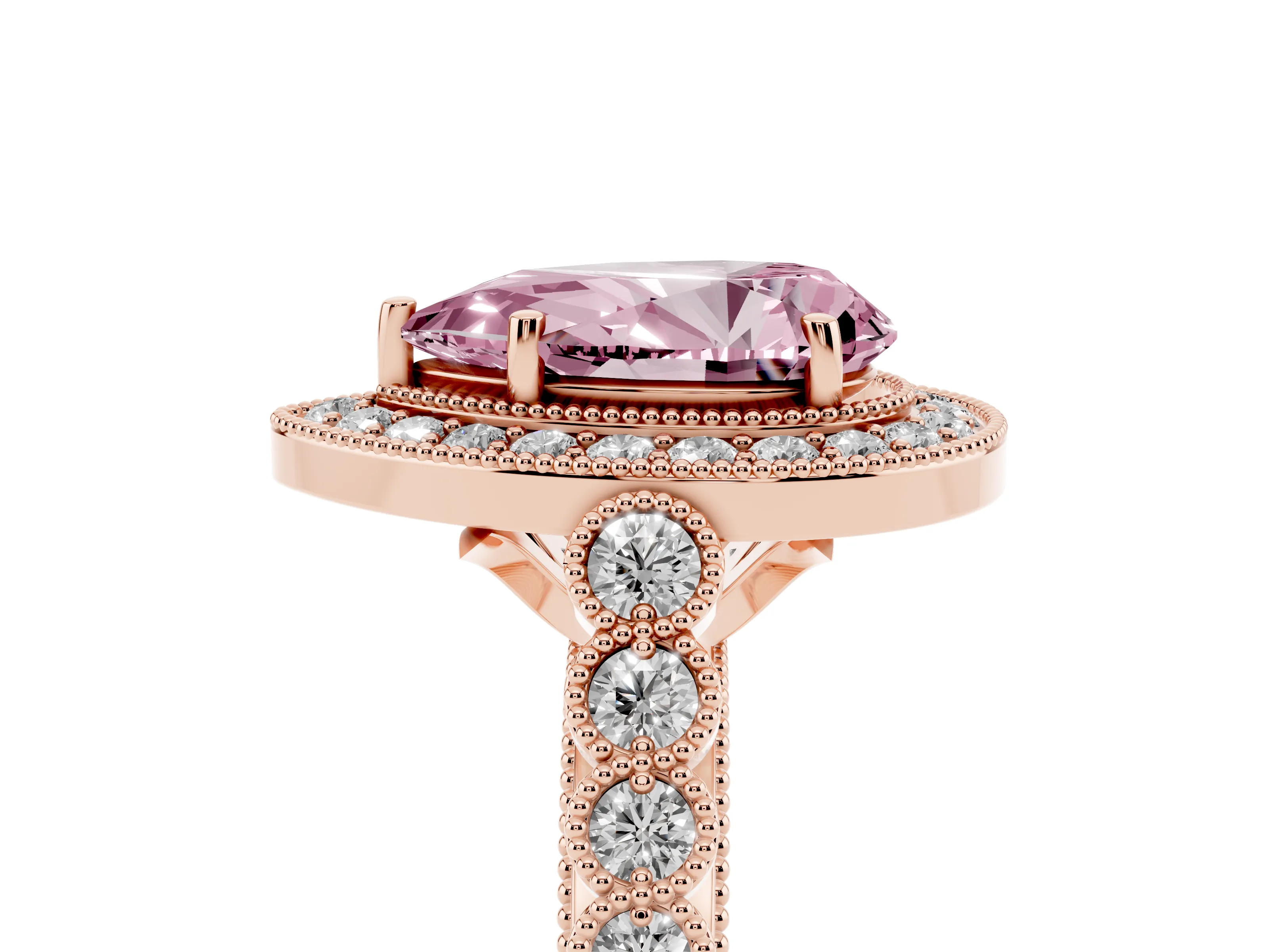 Fancy Pink Pear Cut Diamond Milgrain Halo Solitaire Ring Set in Rose gold with Bezel Set Side Stones and Pavé Band