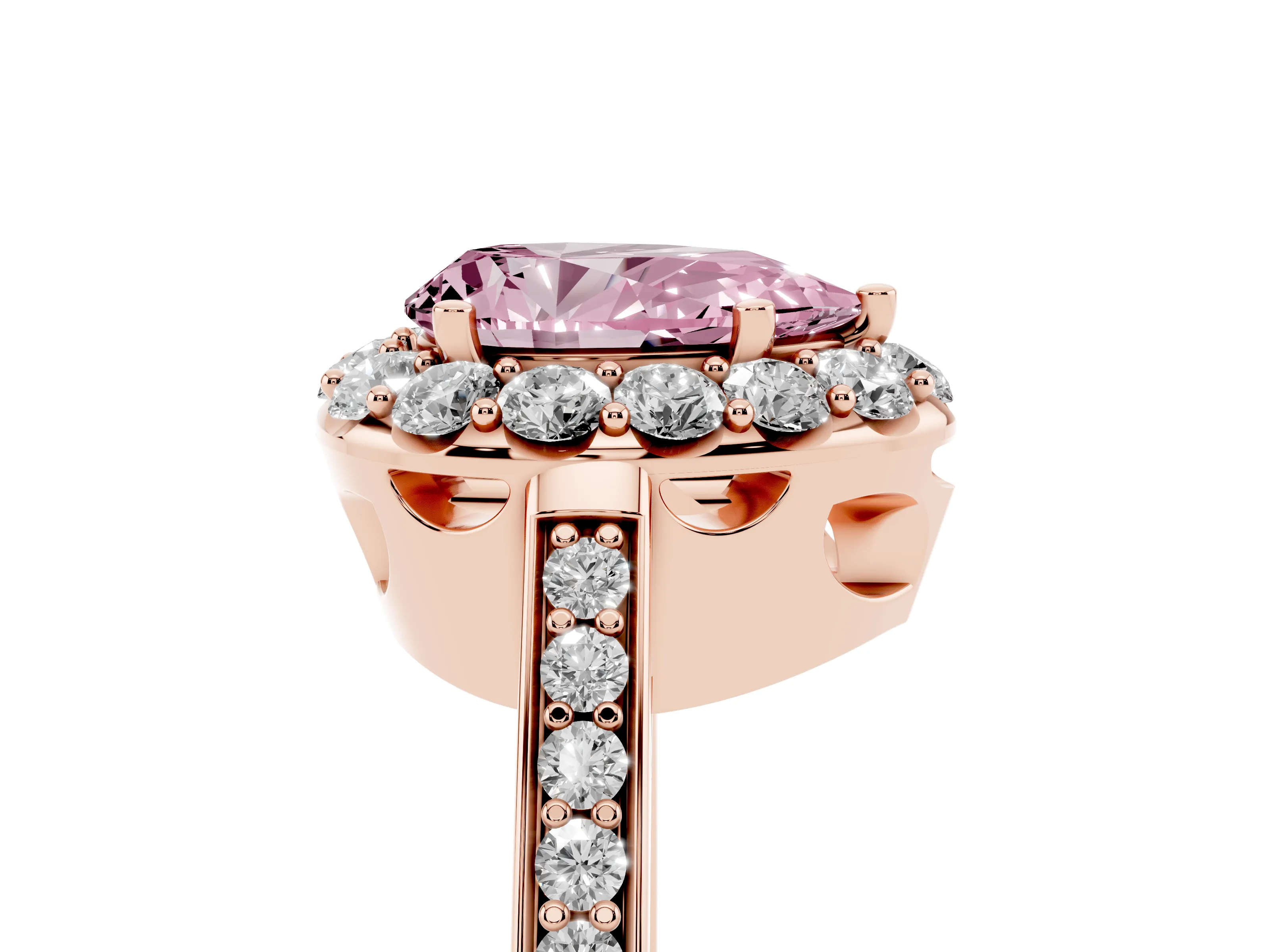 Fancy Pink Pear Cut Diamond Floral Halo Ring Set in Rose gold with Pavé Band and Prong Setting