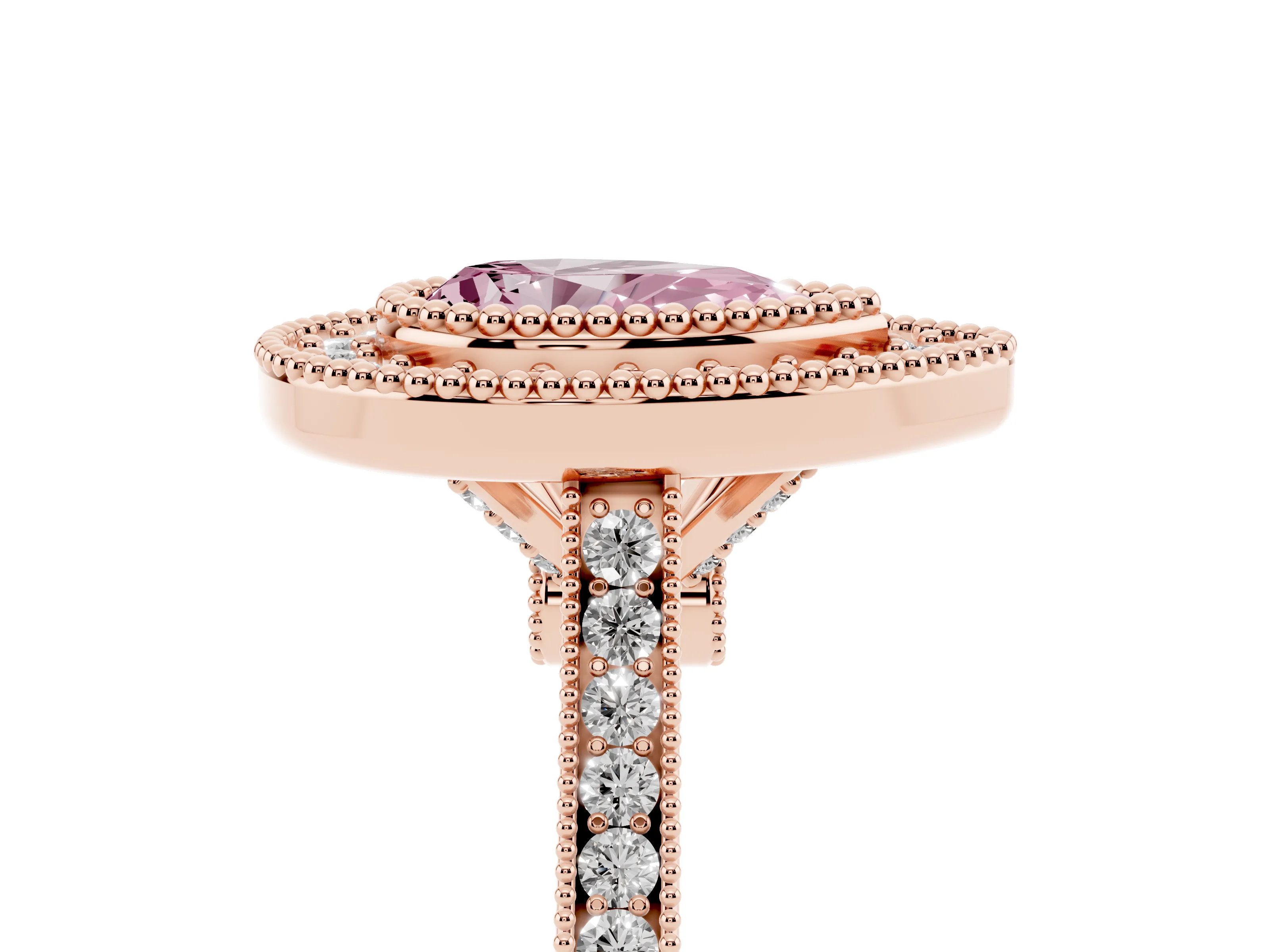 Fancy Pink Pear Cut Diamond Halo Ring Set in Rose gold with Milgrain Frame and Pavé Band