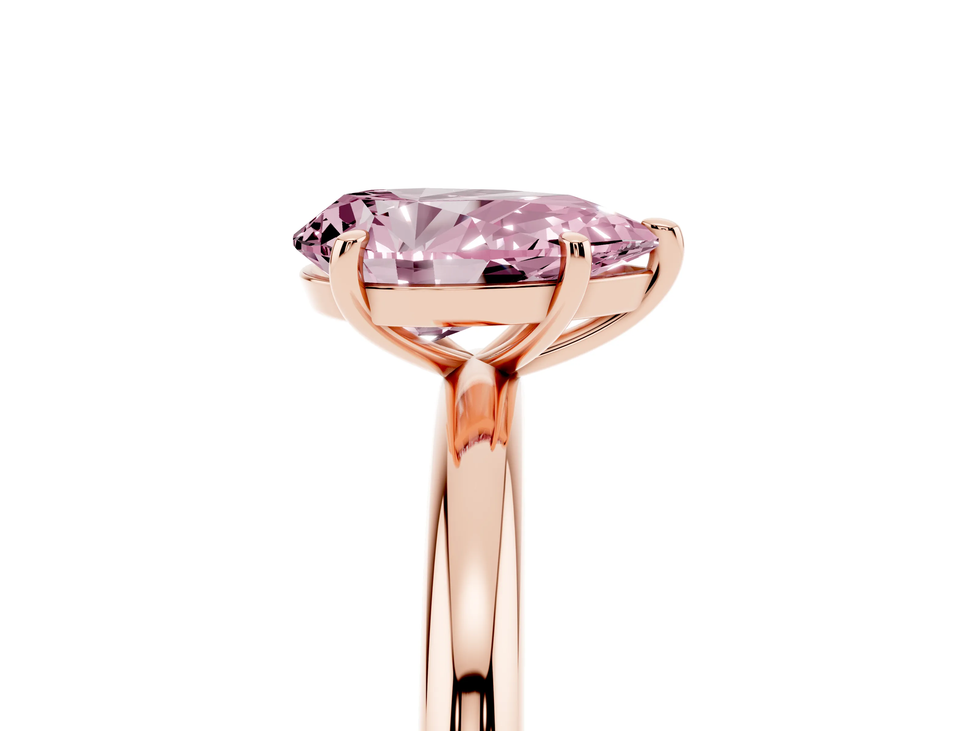 Fancy Pink Pear Cut Diamond Solitaire Ring Set in Rose gold with Prong Setting on a Polished Plain Band