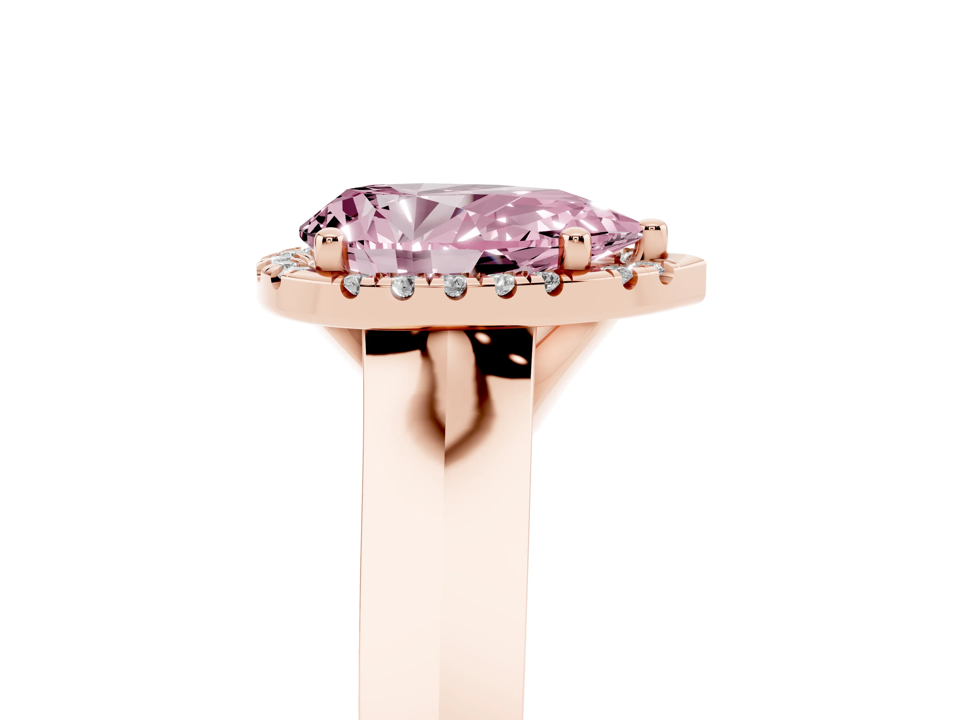 Fancy Pink Pear Cut Diamond Halo Ring Set in Rose gold with Cathedral Band and Prong Setting