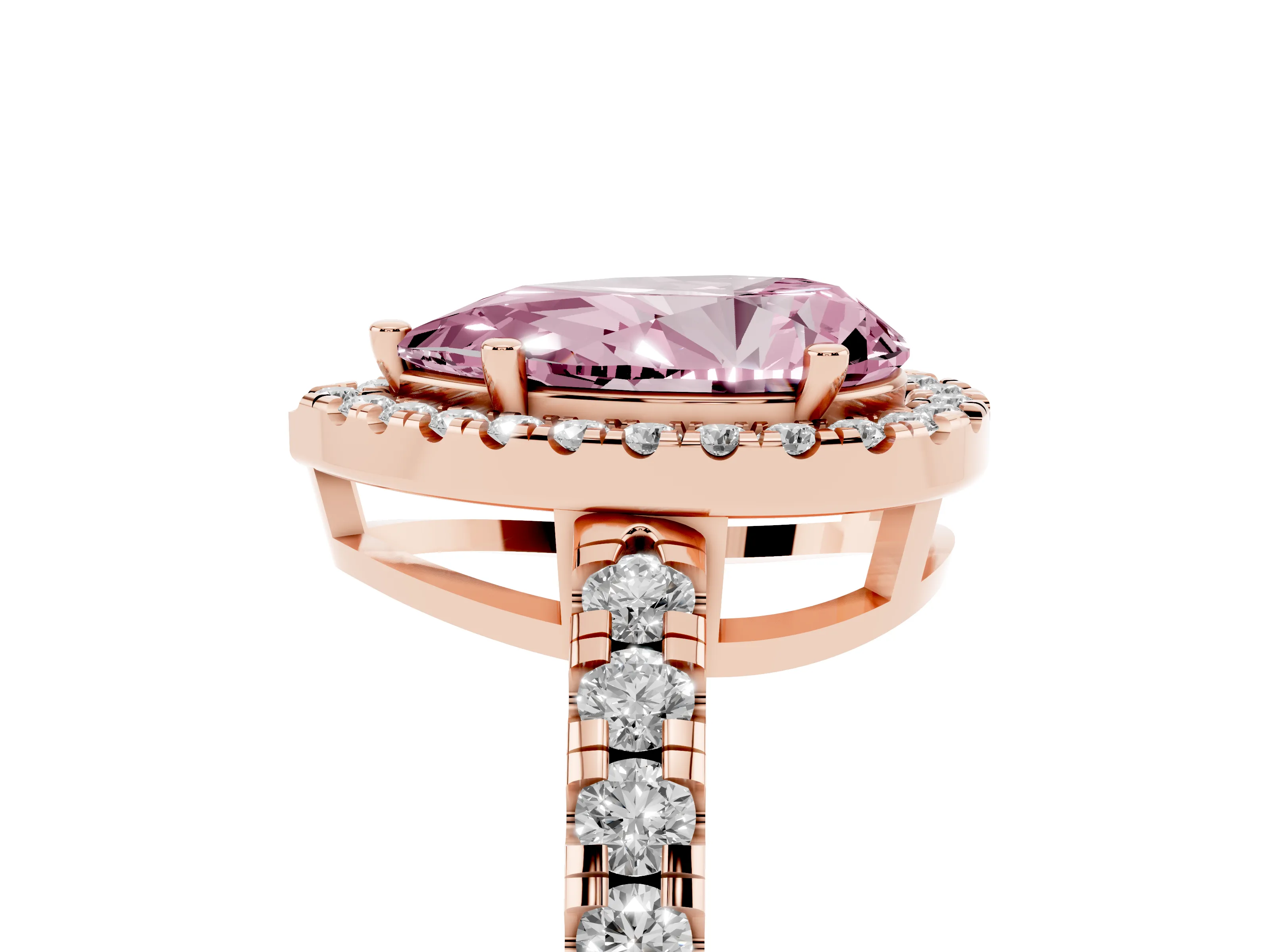 Fancy Pink Pear Cut Diamond Halo Ring Set in Rose gold with Delicate Pavé Band and Prong Setting