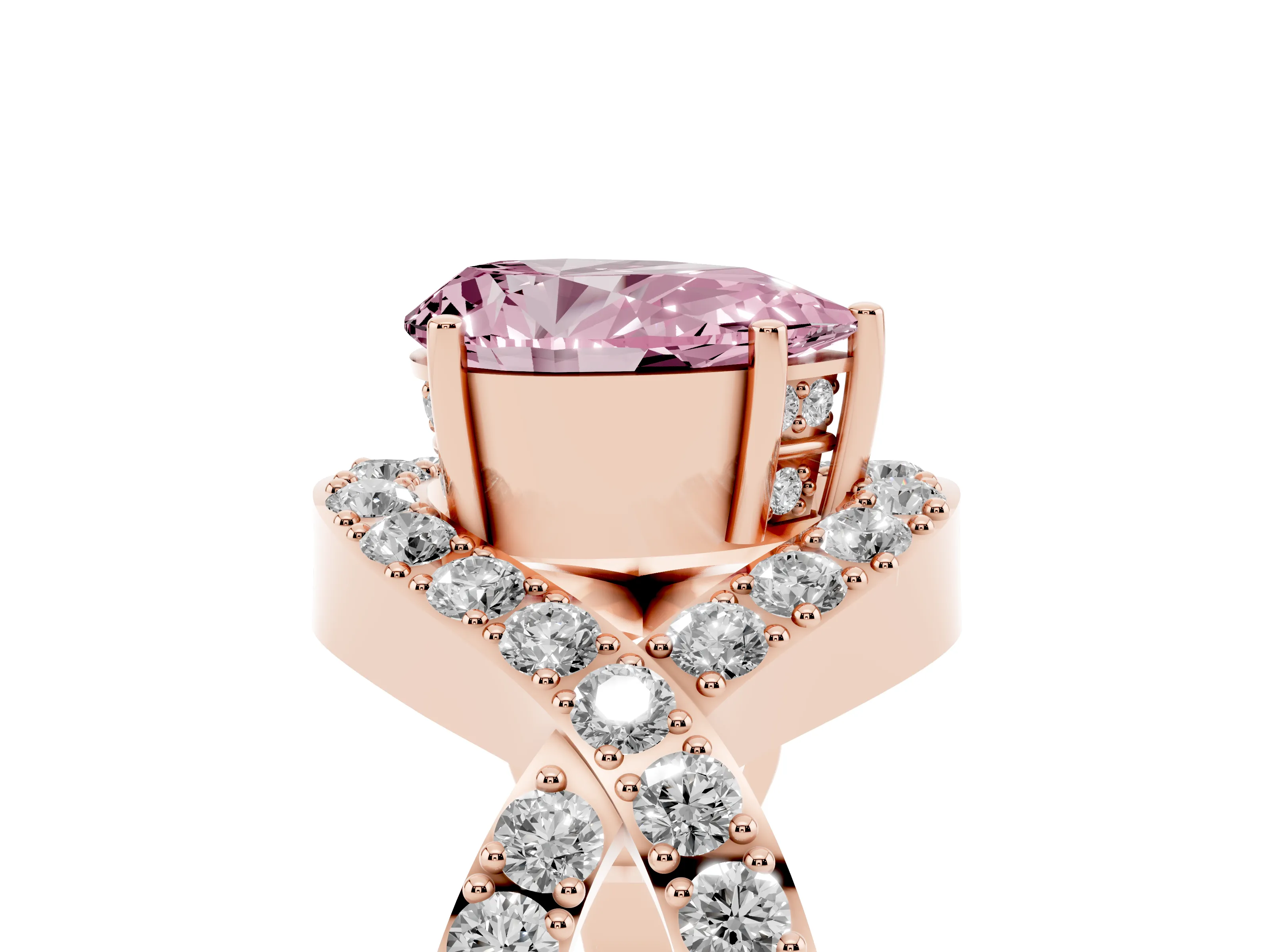 Fancy Pink Pear Cut Diamond Solitaire Twist Band Pavé Engagement Ring Set in Rose gold