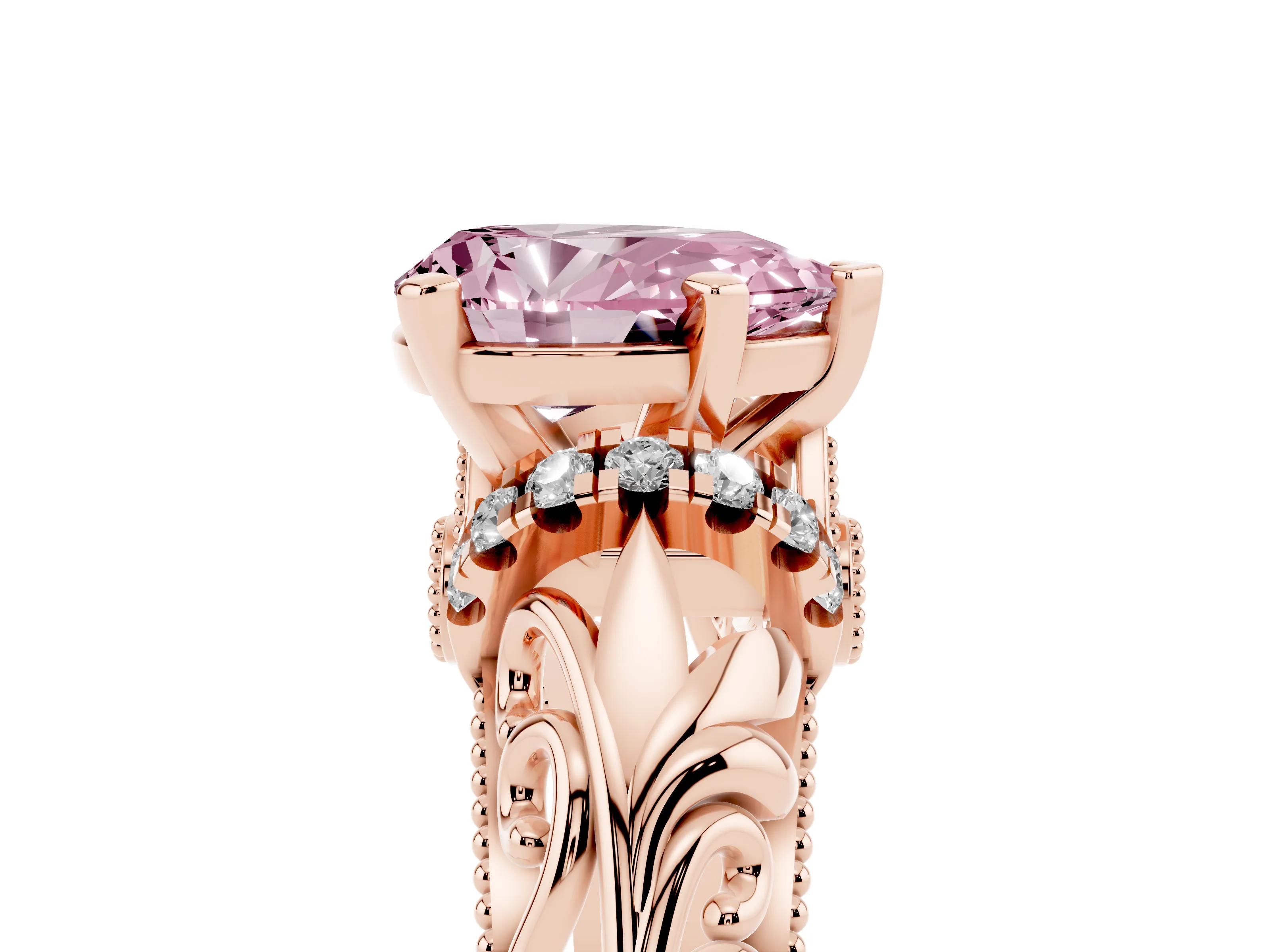 Fancy Pink Pear Cut Diamond Filigree Halo Engagement Ring Set in Rose gold with Prong Setting