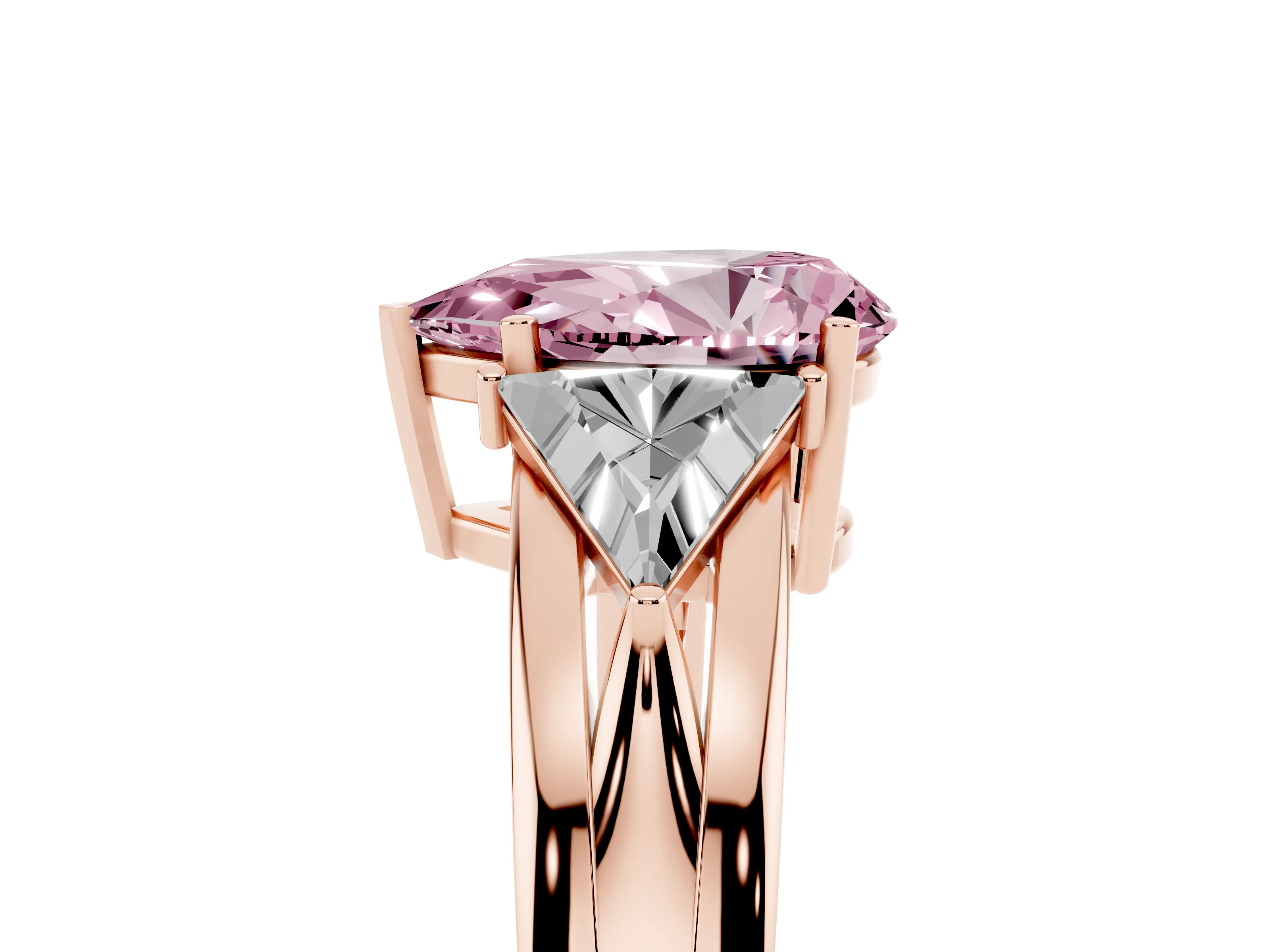Fancy Pink Pear Cut Diamond Three-Stone Ring Set in Rose gold with Trillion Side Stones and Split Shank