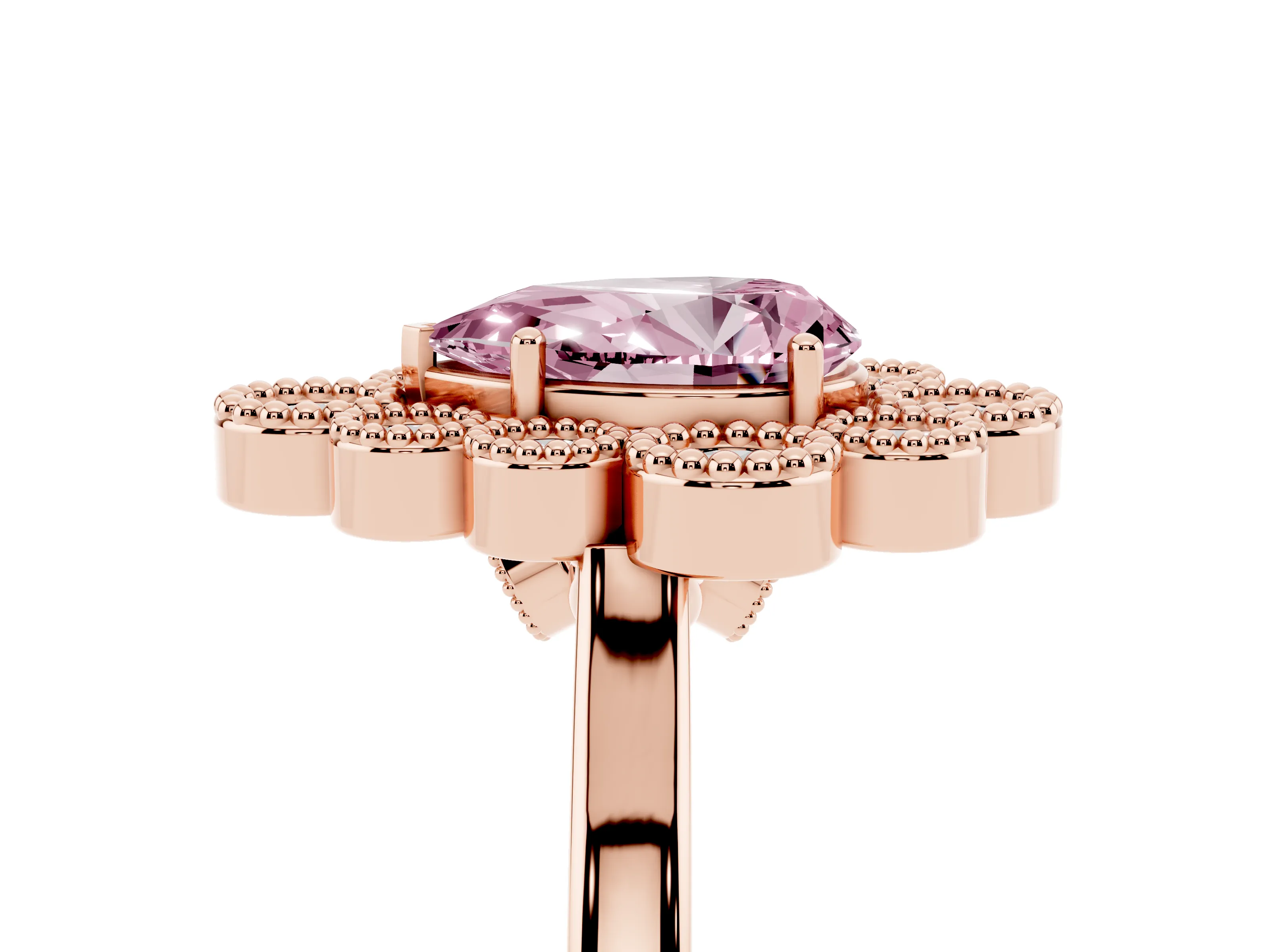 Fancy Pink Pear Cut Diamond Cluster Halo Ring Set in Rose gold with Milgrain Bezel Accents and Plain Band