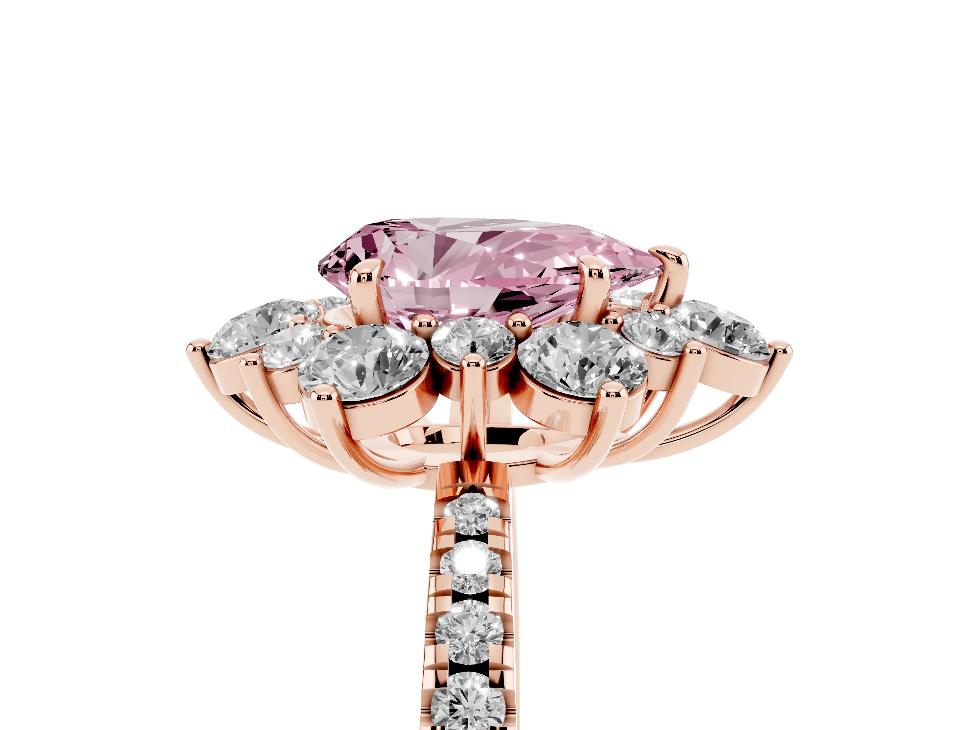 Fancy Pink Pear Cut Diamond Floral Halo Ring Set in Rose gold with Round Pavé Band and Prong Setting